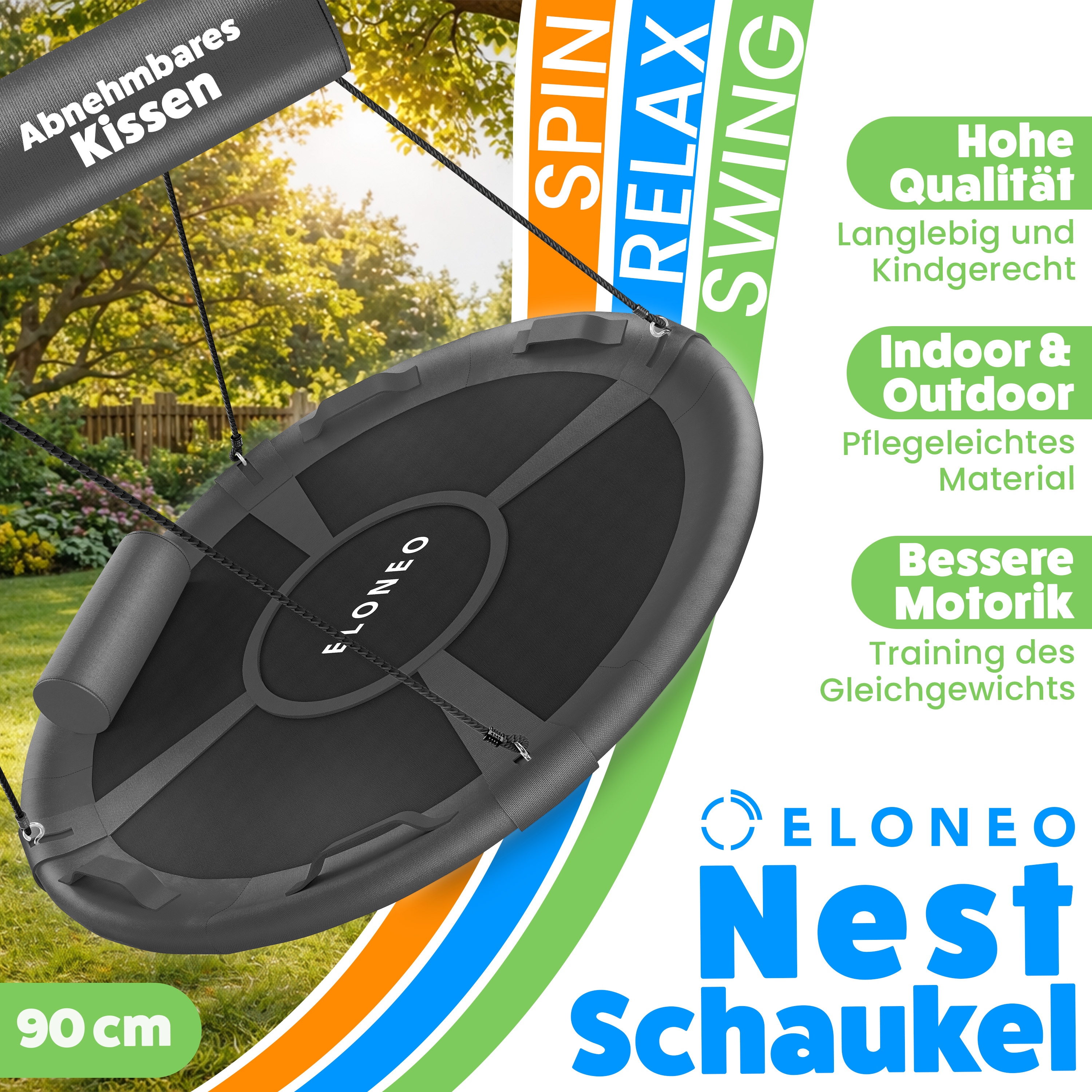 ELONEO Nestschaukel Outdoor & Indoor mit 90 oder 120 cm Durchmesser, Tellerschaukel, h&ouml;henverstellbare H&auml;ngeschaukel inkl. Kissen, Griffen und Zubeh&ouml;r-Set, Schwarz - 90cm 