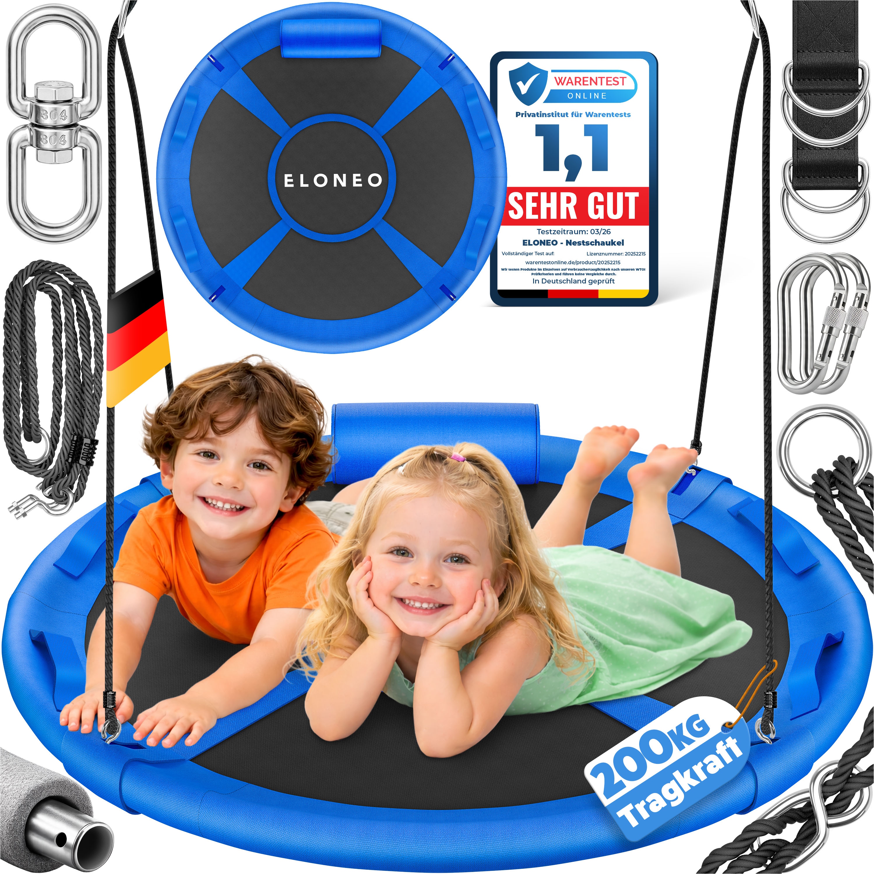 ELONEO Nestschaukel Outdoor & Indoor mit 90 oder 120 cm Durchmesser, Tellerschaukel, h&ouml;henverstellbare H&auml;ngeschaukel inkl. Kissen, Griffen und Zubeh&ouml;r-Set, Blau - 90cm 