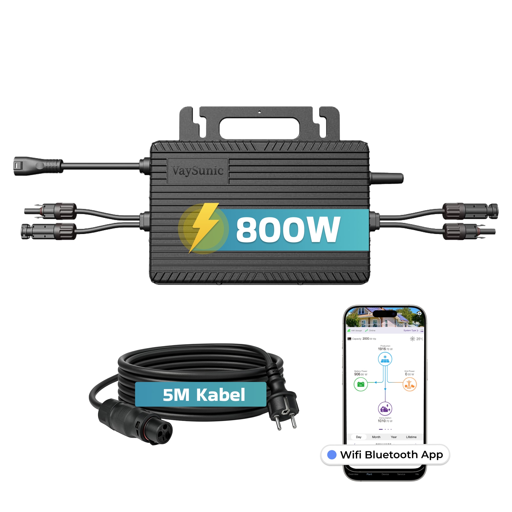 Vaysunic Mikro-Wechselrichter 800 W VM800WE/BE-P2 f&uuml;r Balkonkraftwerk, IP67 wetterfest, Plug&Play Installation, 2 MPPT, Sub-1G & WIFI, inkl.5m Anschlusskabel Micro Inverter 