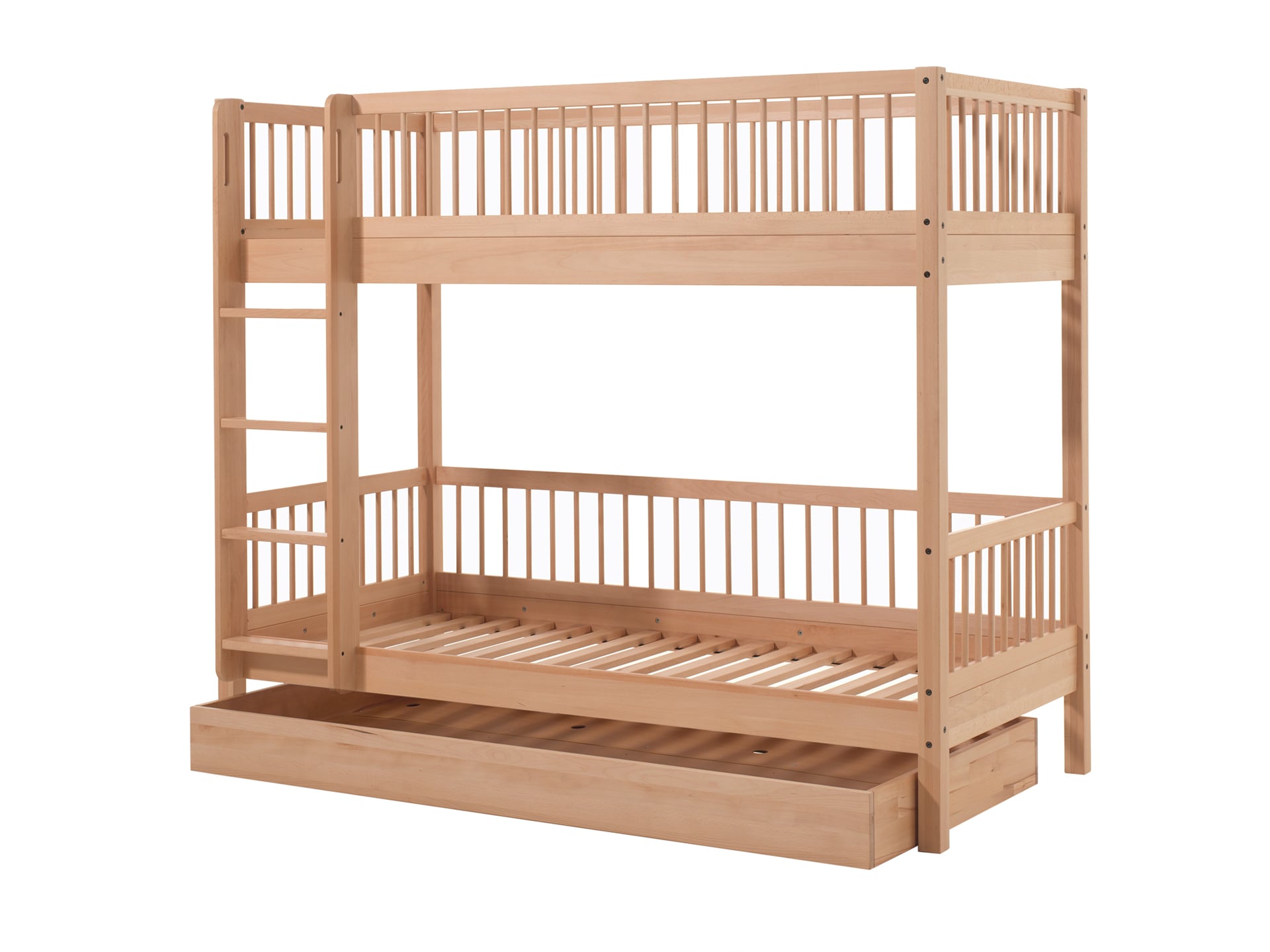 FAGUS Etagenbett mit 2 Liegefl&auml;chen 90 x 200 cm, inkl. Lattenrost und Bettschublade Ausf. Buche massiv Natur lackiert 