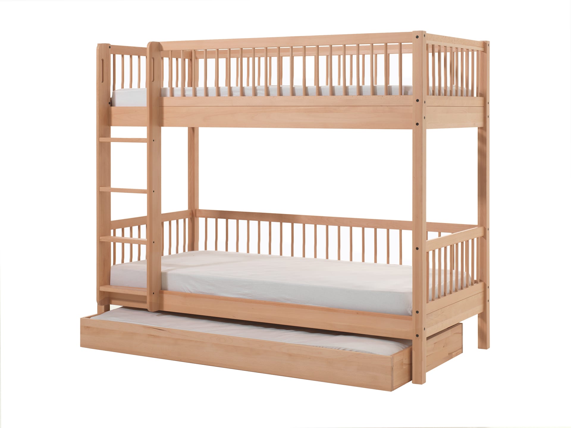 FAGUS Etagenbett mit 2 Liegefl&auml;chen 90 x 200 cm, inkl. Lattenrost, Absturzschutz und Bettschublade Ausf. Buche massiv Natur lackiert 