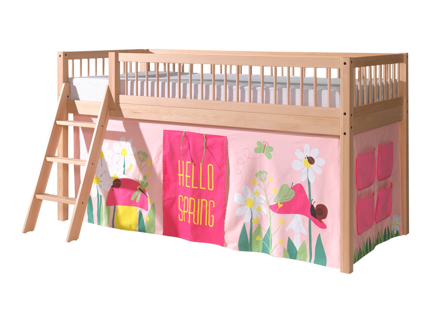 FAGUS halbhohes Bett 90 x 200 cm, inkl. Lattenrost, mit Textilset Vorhang "Spring", Ausf. Buche massiv natur 