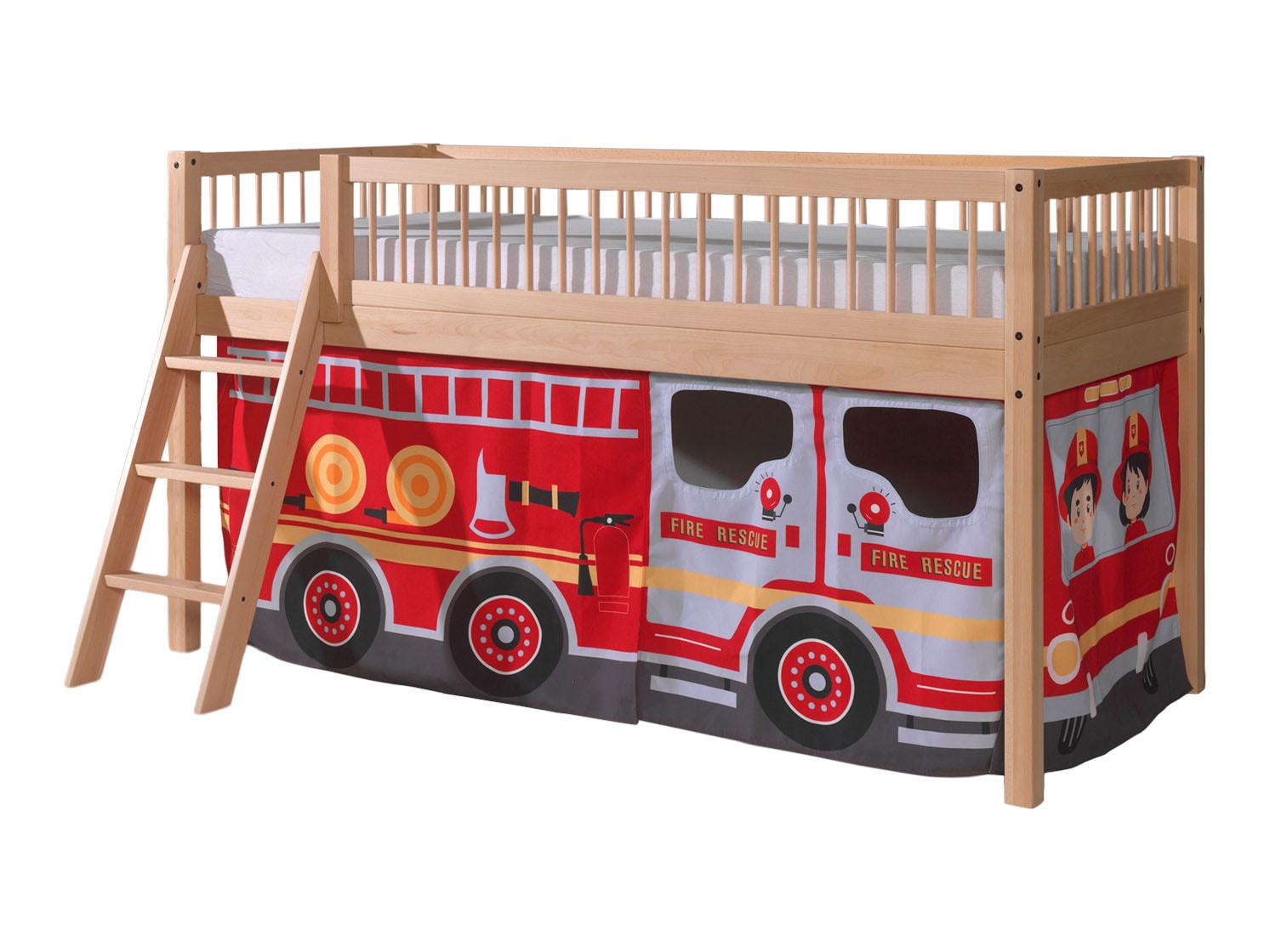 FAGUS halbhohes Bett 90 x 200 cm, inkl. Lattenrost, mit Textilset "FIRE RESCUE", Ausf. Buche massiv natur 