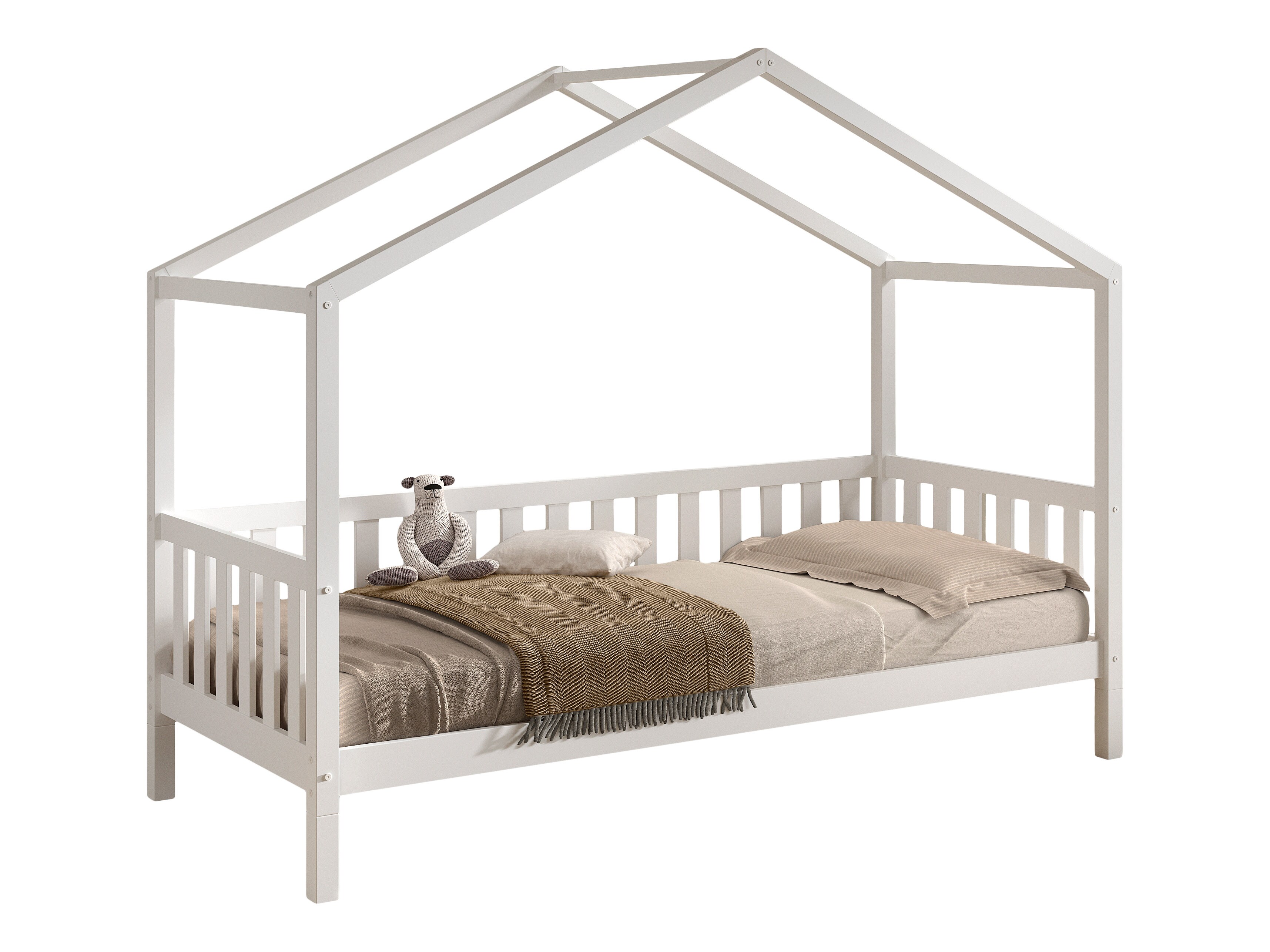 Dallas Boden-/Daybett in Hausoptik, umbaubar, mit Umrandung, 90 x 200 cm Liegefl&auml;che, inkl. Rolllattenrost, Kiefer Wei&szlig; lackiert 