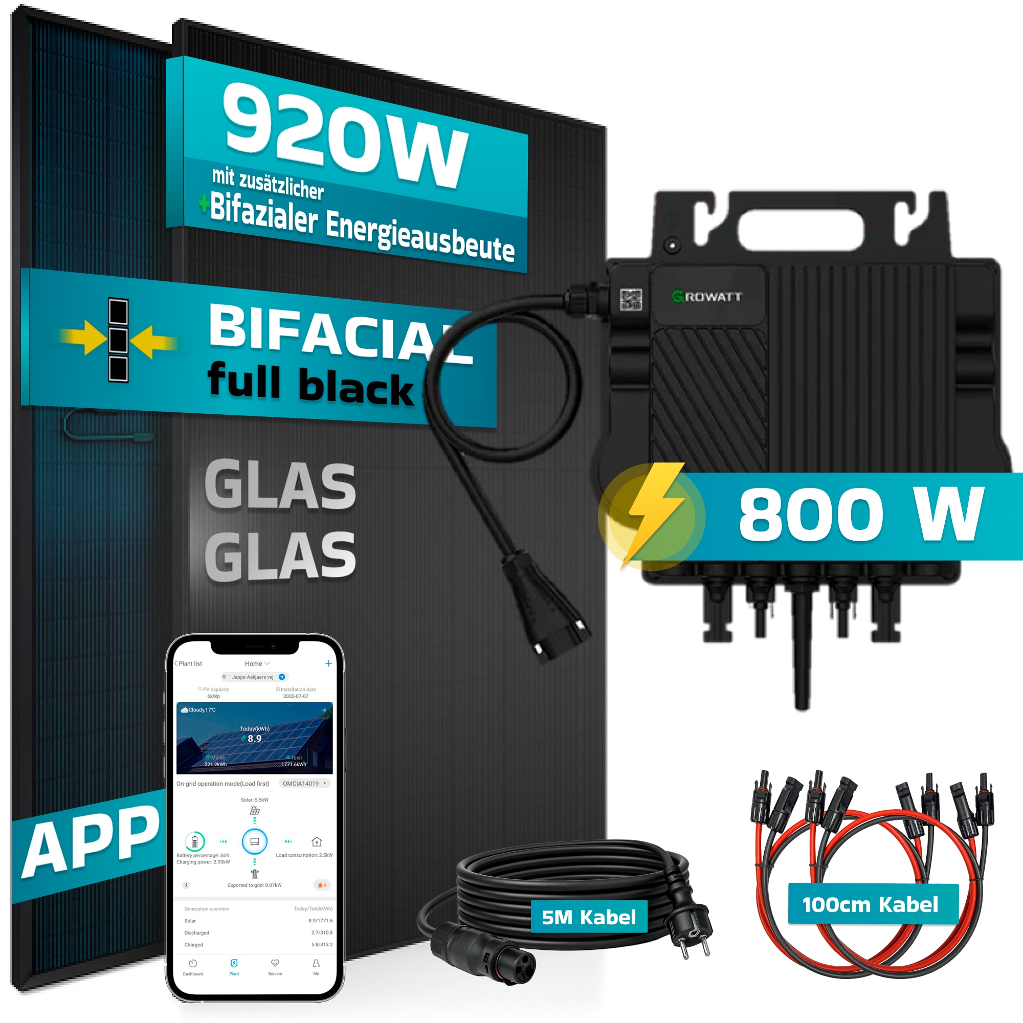 SUNNIVA&reg; 920W Balkonkraftwerk BIFAZIAL FULLBLACK komplett Steckdose GROWATT NEO-800M-X Watt Wechselrichter, PV Solaranlage Komplettset,2x460W Glas-Glas Bifacial Solarmodule, 5m Kabel,4x1m Solarkabel 