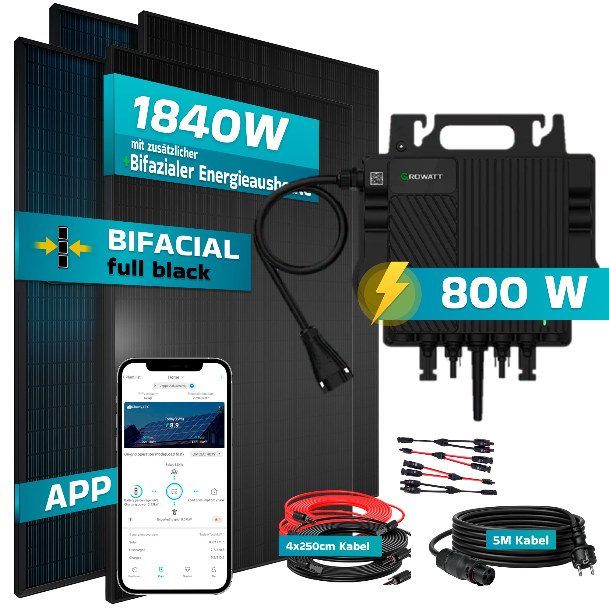 SUNNIVA&reg; 1840W Balkonkraftwerk BIFAZIAL FULLBLACK komplett Steckdose GROWATT NEO-800M-X Wechselrichter, PV Solaranlage Komplettset,4x460W Glas-Glas Bifacial Solarmodule, 5m Kabel,4x2,5m Solarkabel 