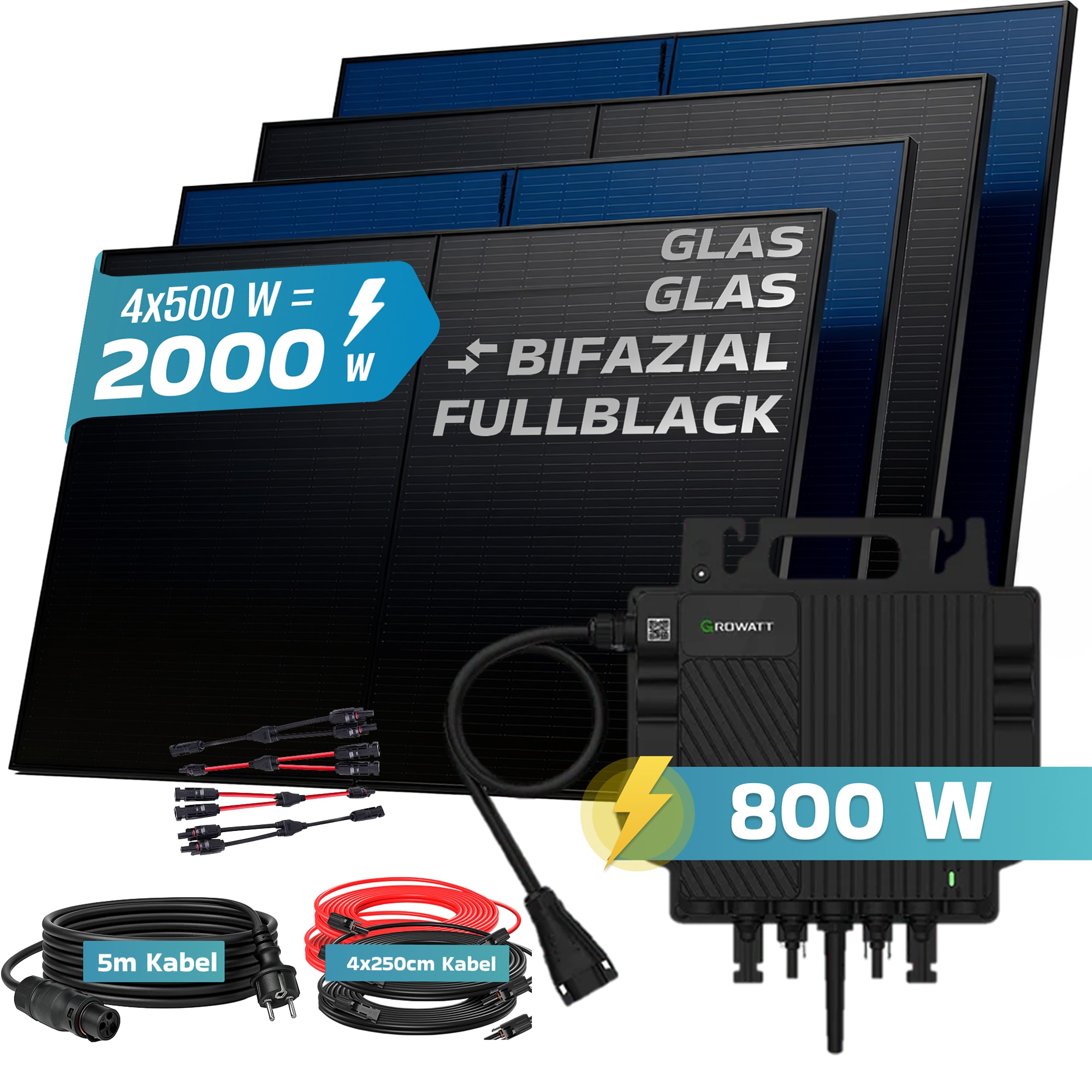 SUNNIVA&reg; 2000W Balkonkraftwerk BIFAZIAL FULLBLACK komplett Steckdose GROWATT NEO-800M-X 800 Watt Wechselrichter, Solaranlage Komplettset, 4x 500W N-Type Glas-Glas Bifacial Solarmodule, 5m Kabel 