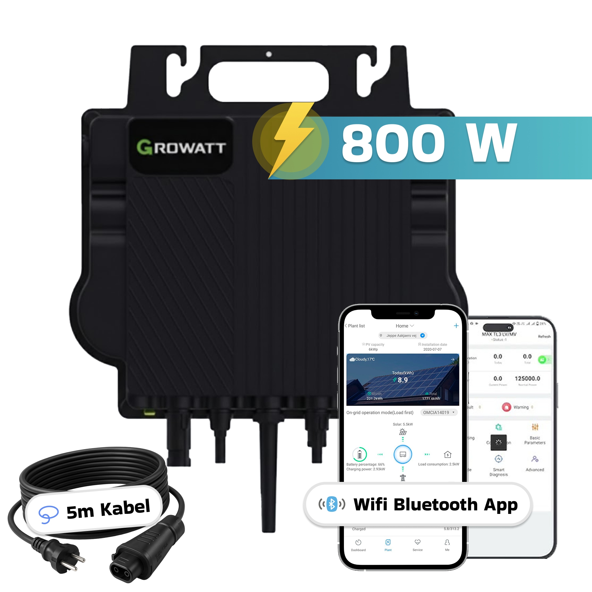 GROWATT Mikro-Wechselrichter 800 W NEO-800M-X f&uuml;r Balkonkraftwerk, IP67 wetterfest, Plug&Play Installation, 2 MPPT, WIFI Bluetooth, inkl.5m Anschlusskabel Micro Inverter 