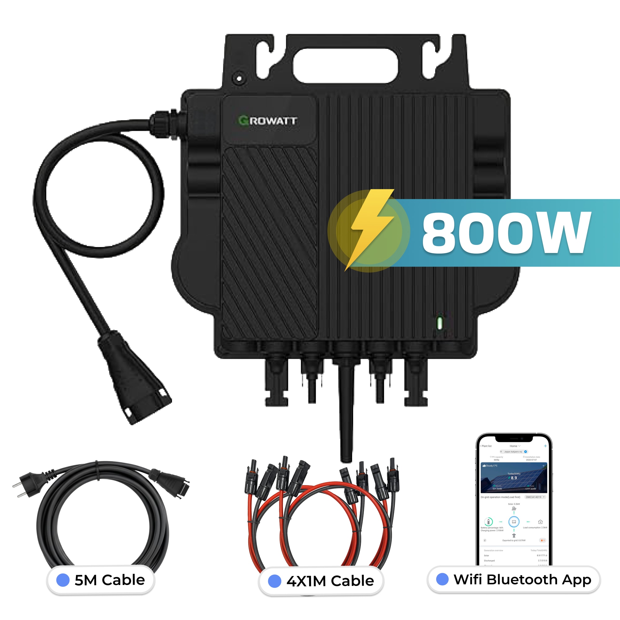 GROWATT Mikro-Wechselrichter 800 W NEO-800M-X f&uuml;r Balkonkraftwerk, IP67 wetterfest, Plug&Play Installation, 2 MPPT, WIFI Bluetooth, inkl.5m Anschlusskabel und 4x1m Solarkabel 