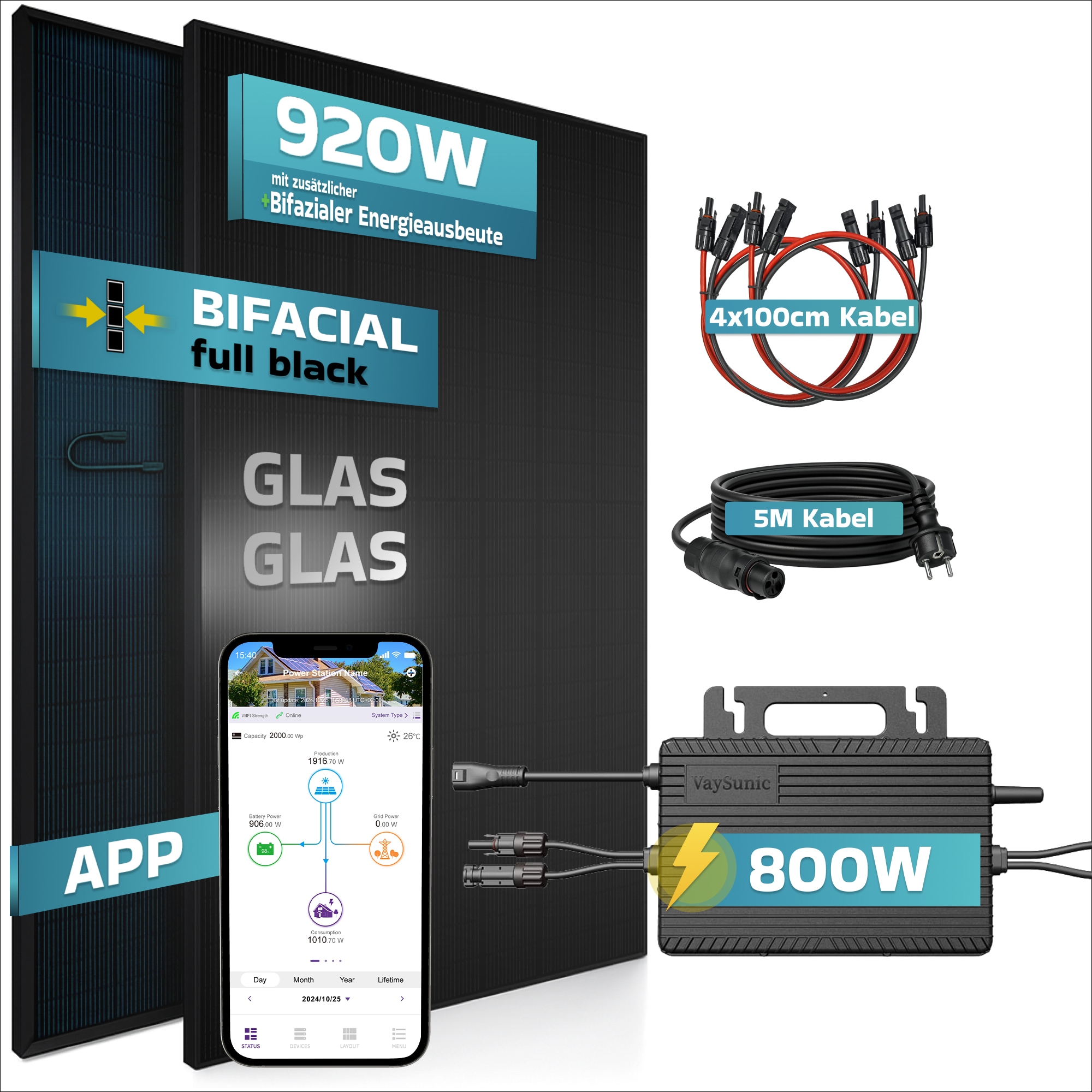 SUNNIVA&reg; 920W Balkonkraftwerk BIFAZIAL FULLBLACK komplett Steckdose VAYSUNIC VM800WE-BE-P2 800W Wechselrichter, PV Solaranlage Komplettset,2x460W Glas-Glas Bifacial Solarmodule, 5m + 4x1m Kabelset 