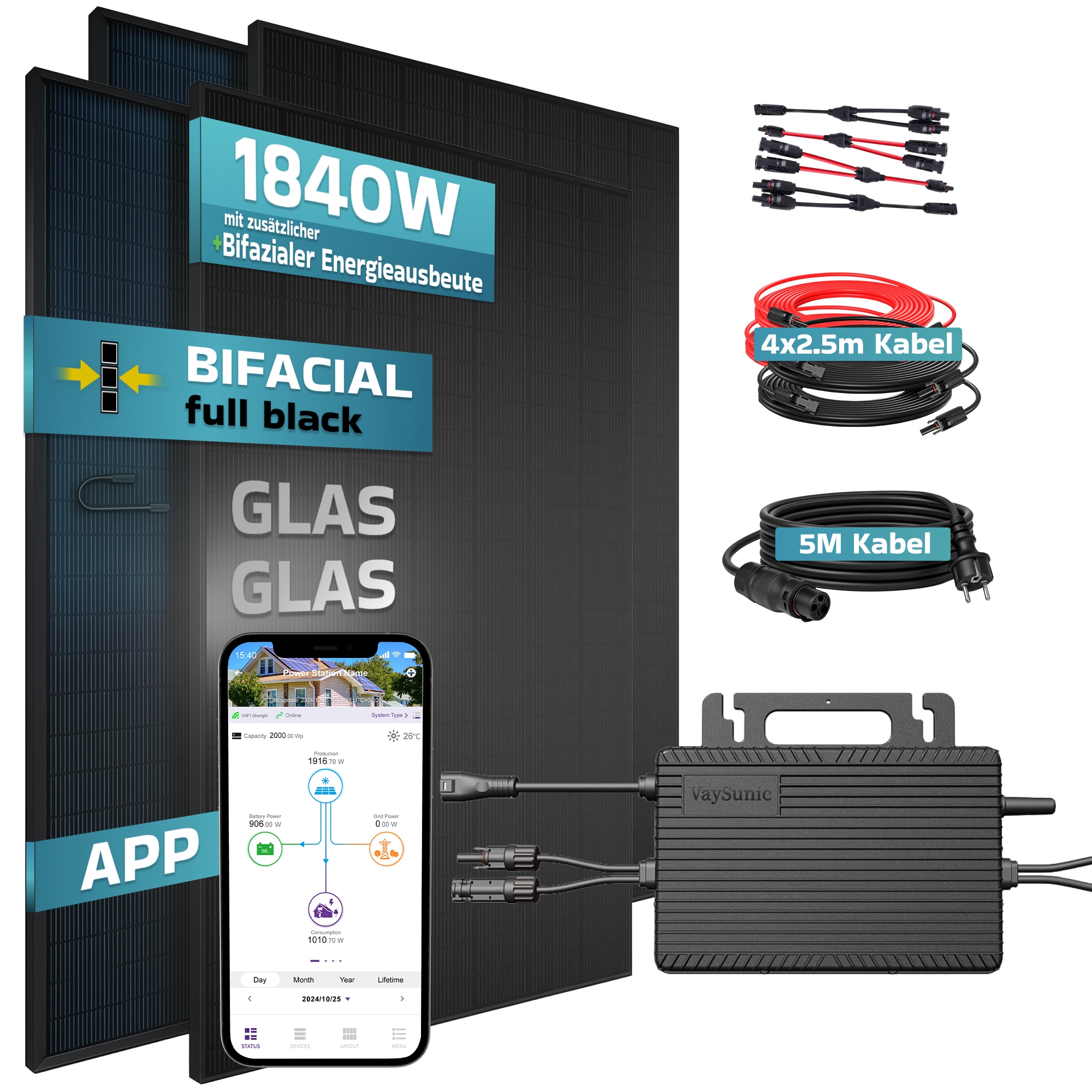 SUNNIVA&reg; 1840W Balkonkraftwerk BIFAZIAL FULLBLACK komplett Steckdose VAYSUNIC VM800WE-BE-P2 800W Wechselrichter, PV Solaranlage Komplettset,4x460W Glas-Glas Bifacial Solarmodule, 5m + 4x2,5m Kabelset 