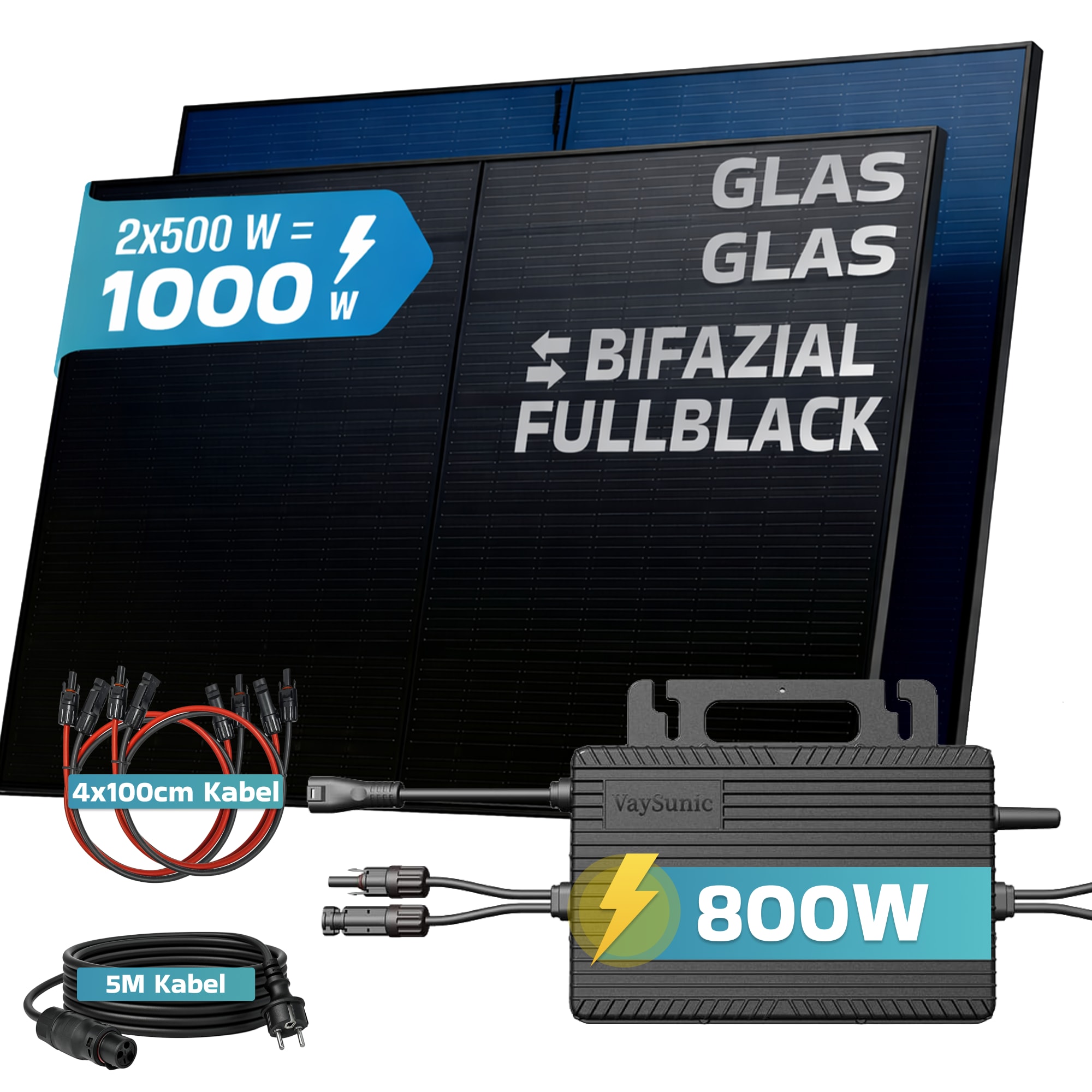 SUNNIVA&reg; 1000W Balkonkraftwerk BIFAZIAL FULLBLACK komplett Steckdose VAYSUNIC VM800WE-BE-P2 800W Wechselrichter, PV Solaranlage Komplettset,2x500W Glas-Glas Bifacial Solarmodule, 5m + 4x1m Kabelset 