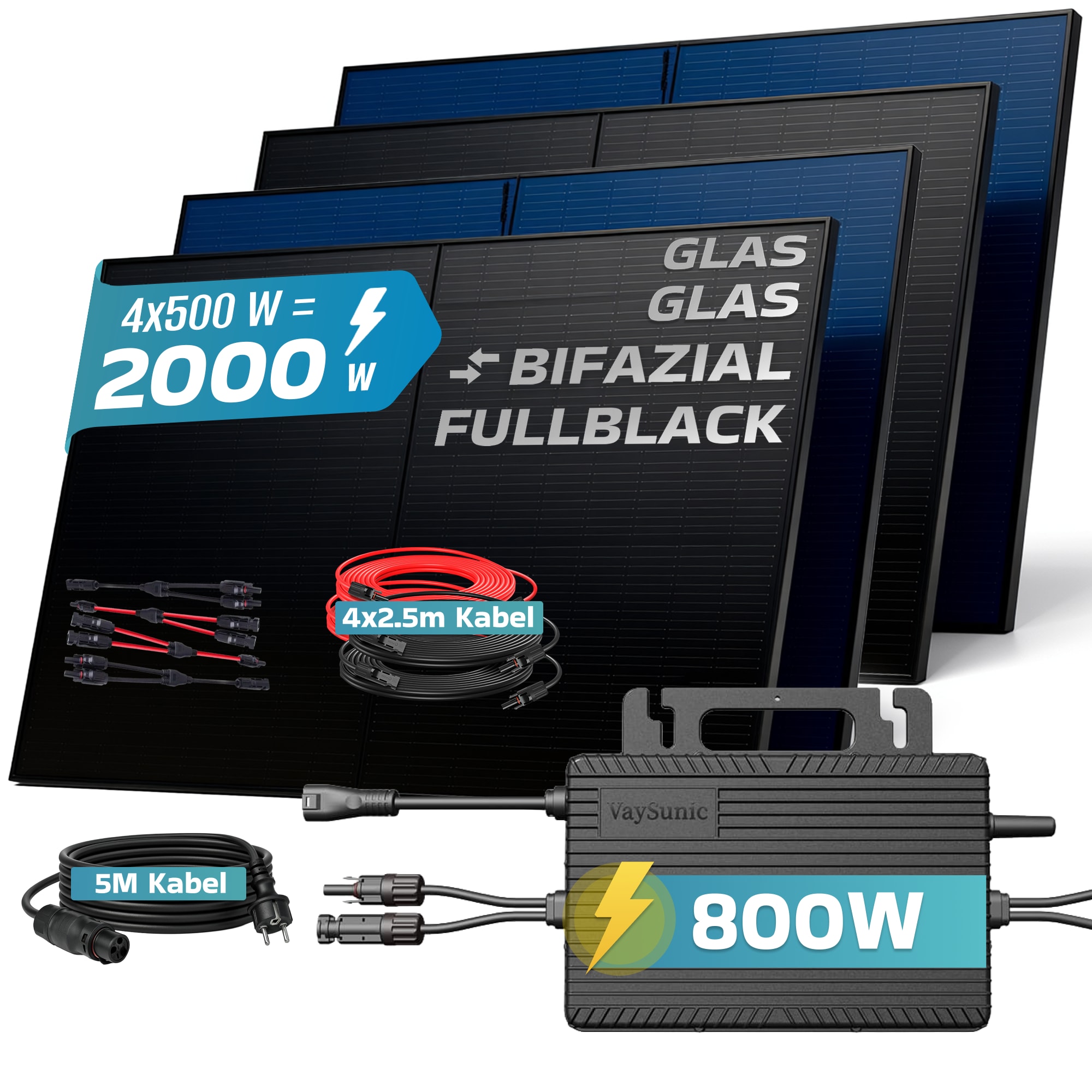 SUNNIVA&reg; 2000W Balkonkraftwerk BIFAZIAL FULLBLACK komplett Steckdose VAYSUNIC VM800WE-BE-P2 800W Wechselrichter, PV Solaranlage Komplettset,4x500W Glas-Glas Bifacial Solarmodule, 5m + 4x2,5m Kabelset 