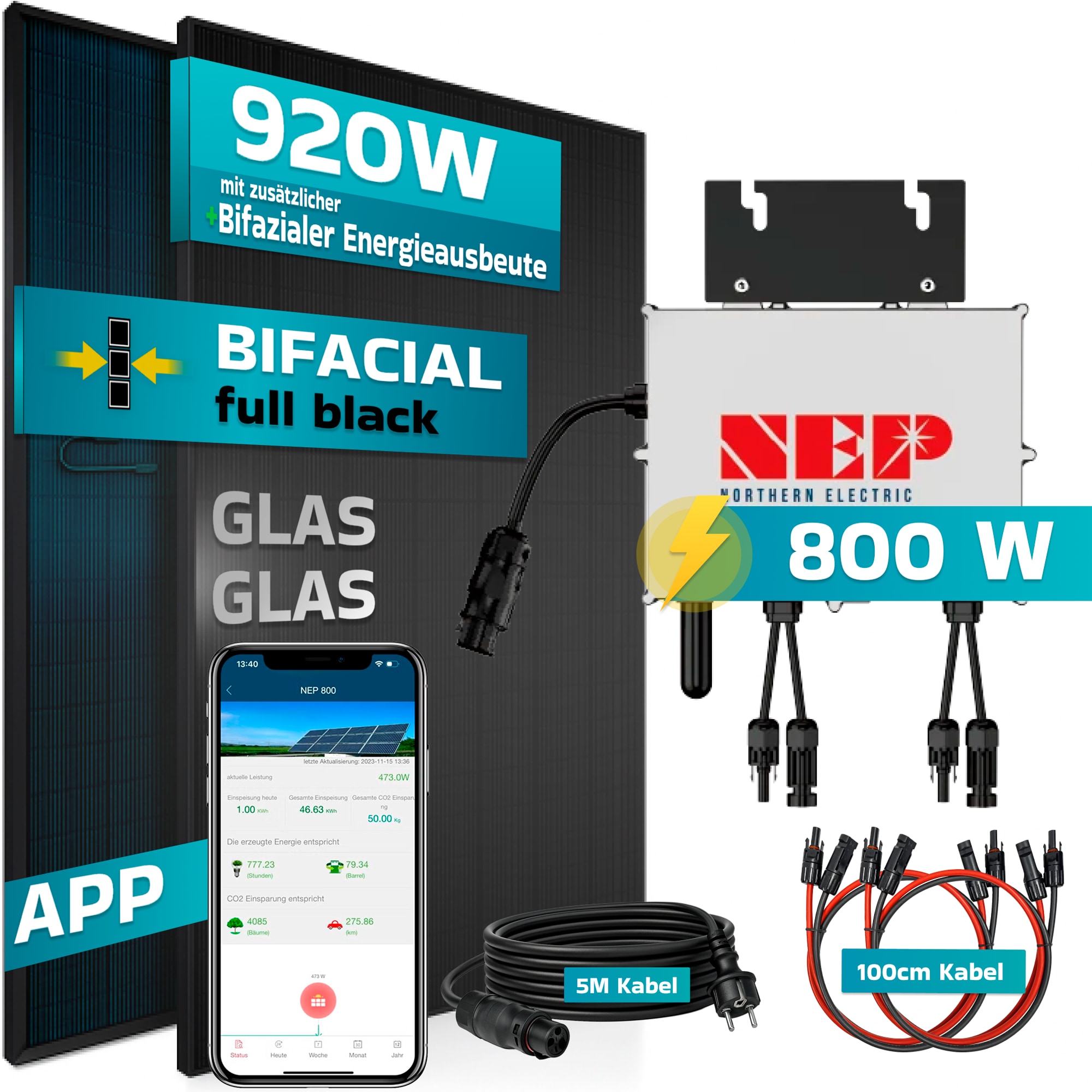 SUNNIVA&reg; 920W Balkonkraftwerk BIFAZIAL FULLBLACK komplett Steckdose NEP BDM-800 800 Watt Wechselrichter, PV Solaranlage Komplettset,2x460W Glas-Glas Bifacial Solarmodule, 5m Kabel,4x1m Solarkabel 