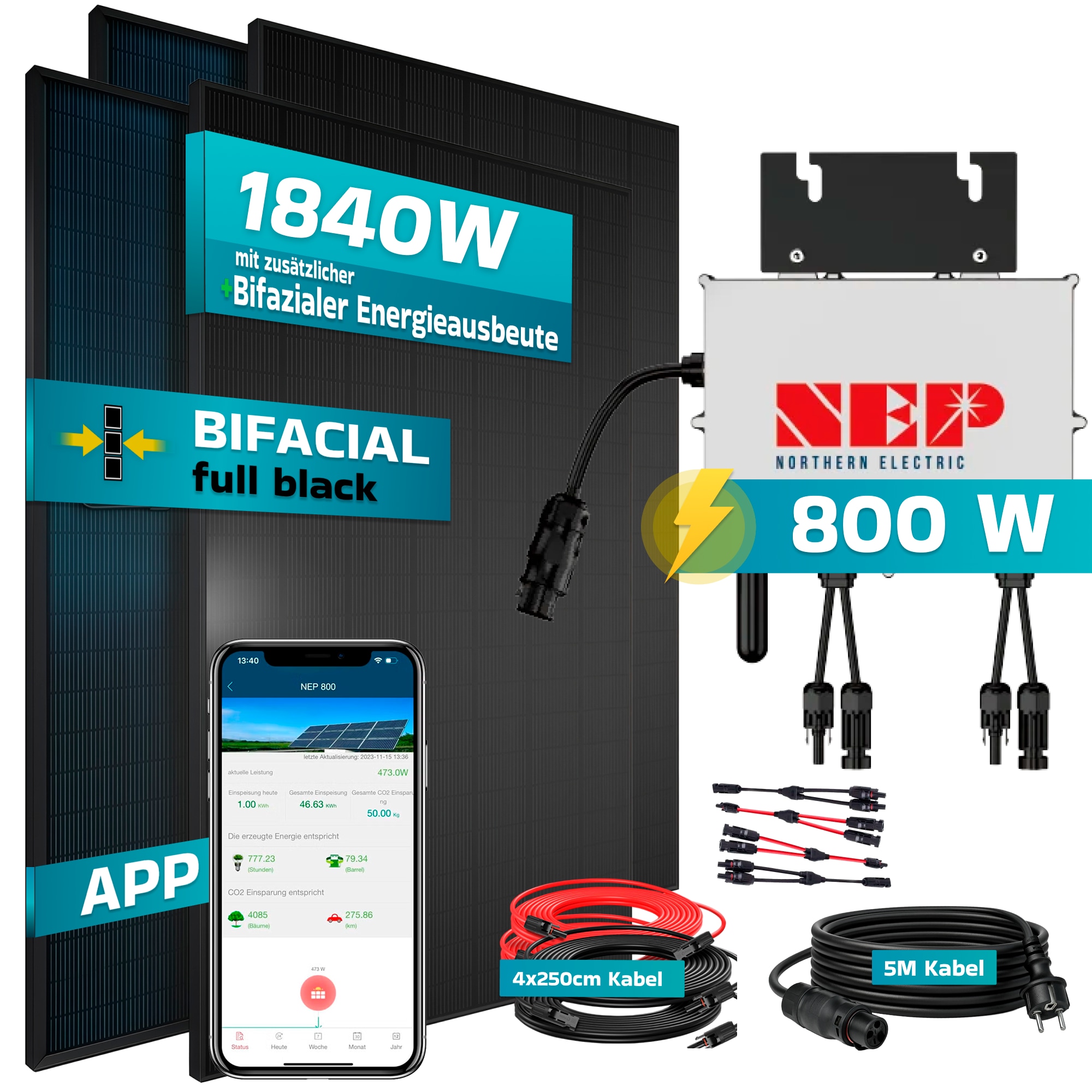 SUNNIVA&reg; 1840W Balkonkraftwerk BIFAZIAL FULLBLACK komplett Steckdose NEP BDM-800 800 Watt Wechselrichter, PV Solaranlage Komplettset,4x460W Glas-Glas Bifacial Solarmodule, 5m Kabel,4x2,5m Solarkabel 