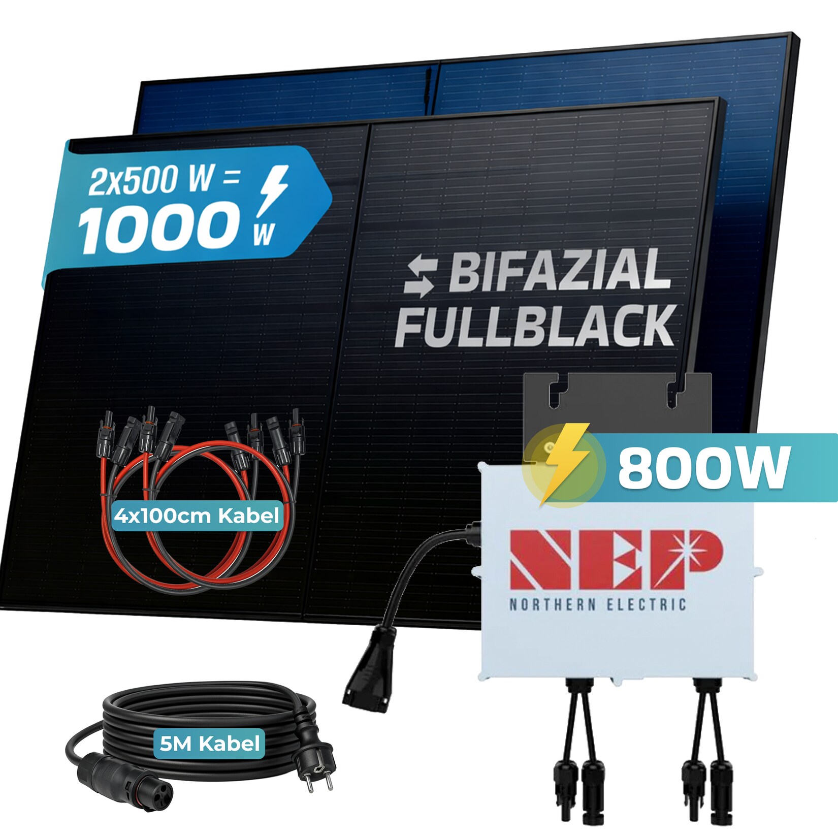 ® 1000W Balkonkraftwerk BIFAZIAL FULLBLACK komplett Steckdose NEP BDM-800 800 Watt Wechselrichter, Solaranlage Komplettset, 2x 500W N-Type Glas Bifacial Solarmodule, 5m Kabel