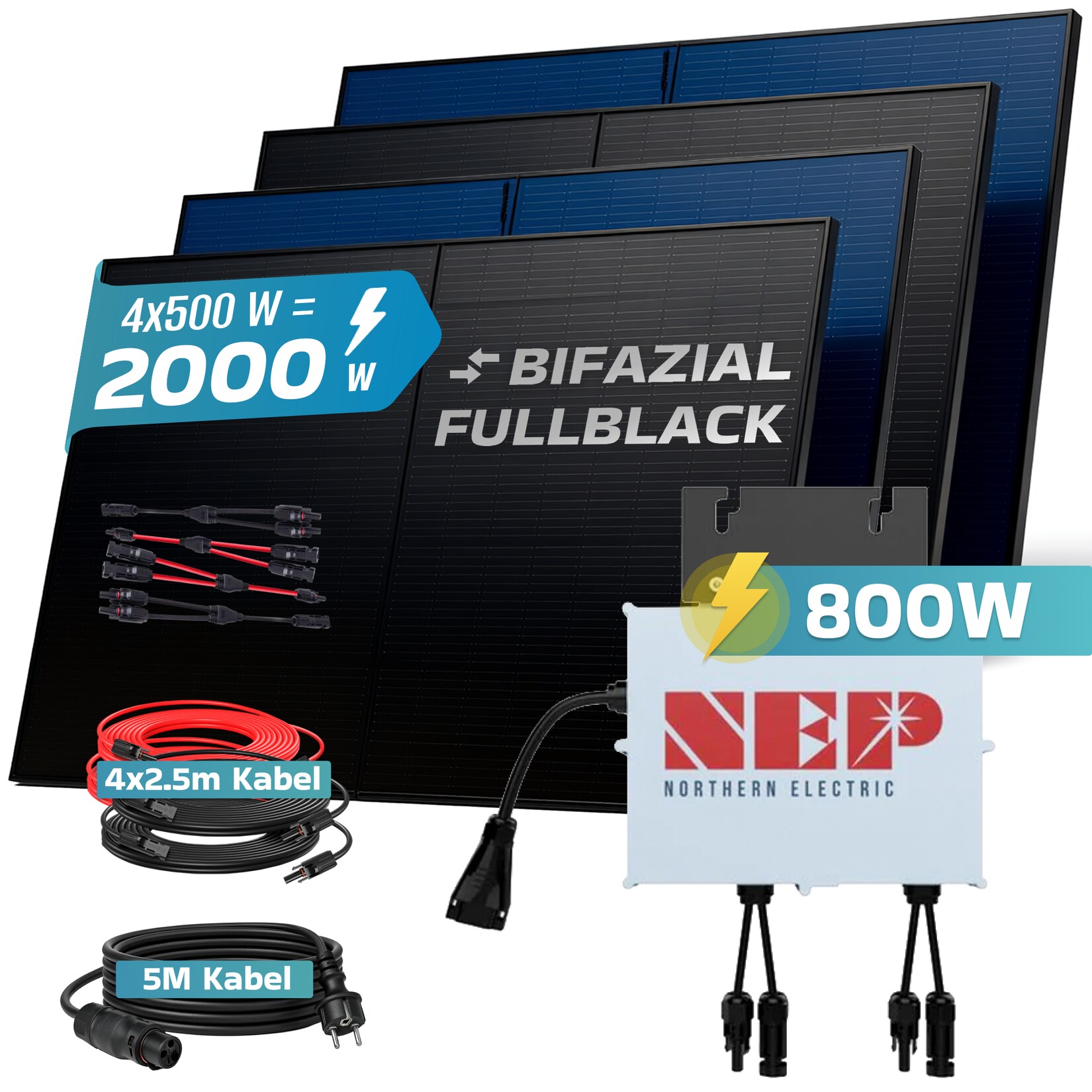 ® 2000W Balkonkraftwerk BIFAZIAL FULLBLACK komplett Steckdose NEP BDM-800 800 Watt Wechselrichter, Solaranlage Komplettset, 4x 500W N-Type Glas Bifacial Solarmodule, 5m Kabel