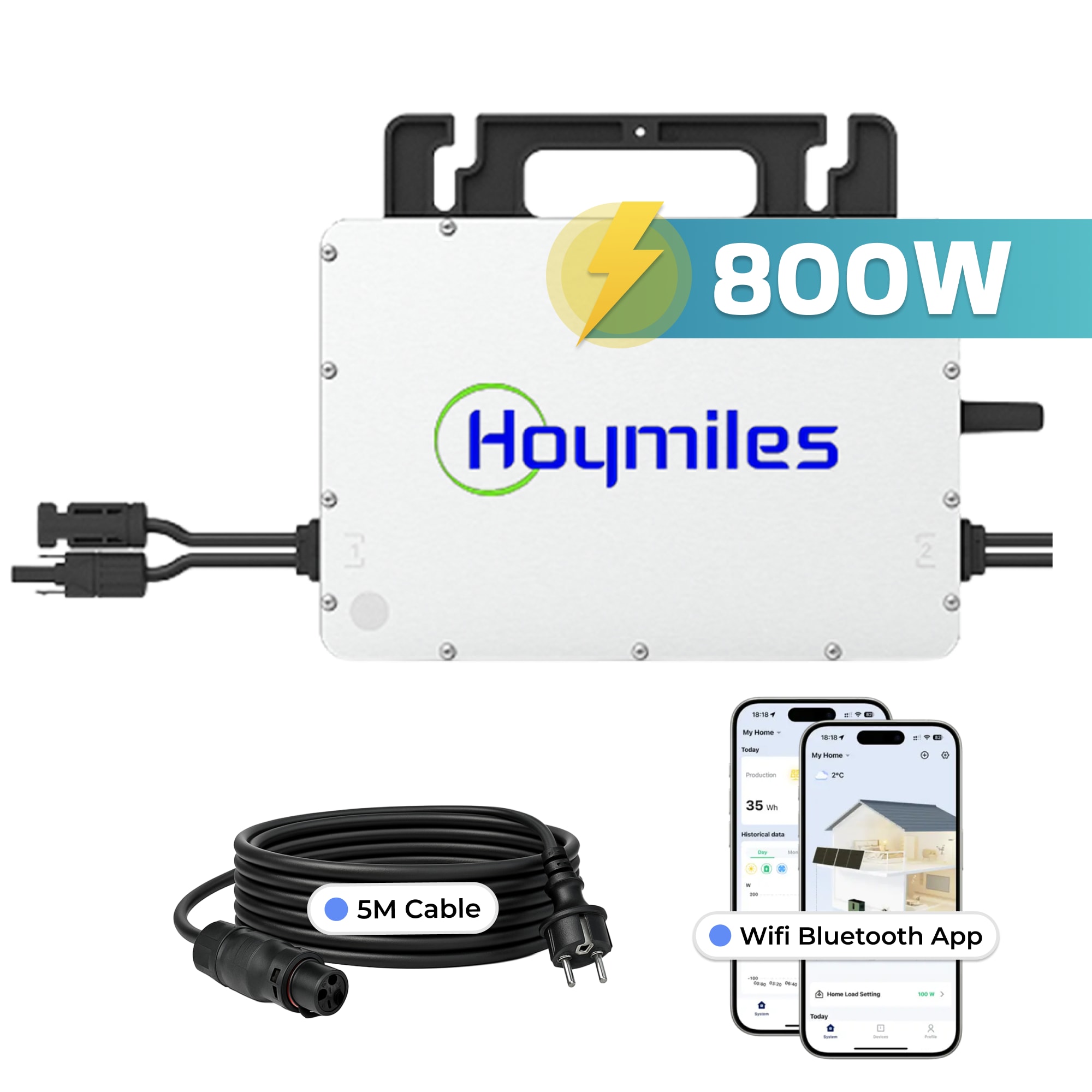 Hoymiles HMS-800W-2T 800W Micro-Wechselrichter inkl. 5m Anschlusskabel f&uuml;r Solarmodule mit WiFi, Microinverter Inverter f&uuml;r Mini-PV Plug & Play Balkonkraftwerk, Mikrowechselrichter, Solar 