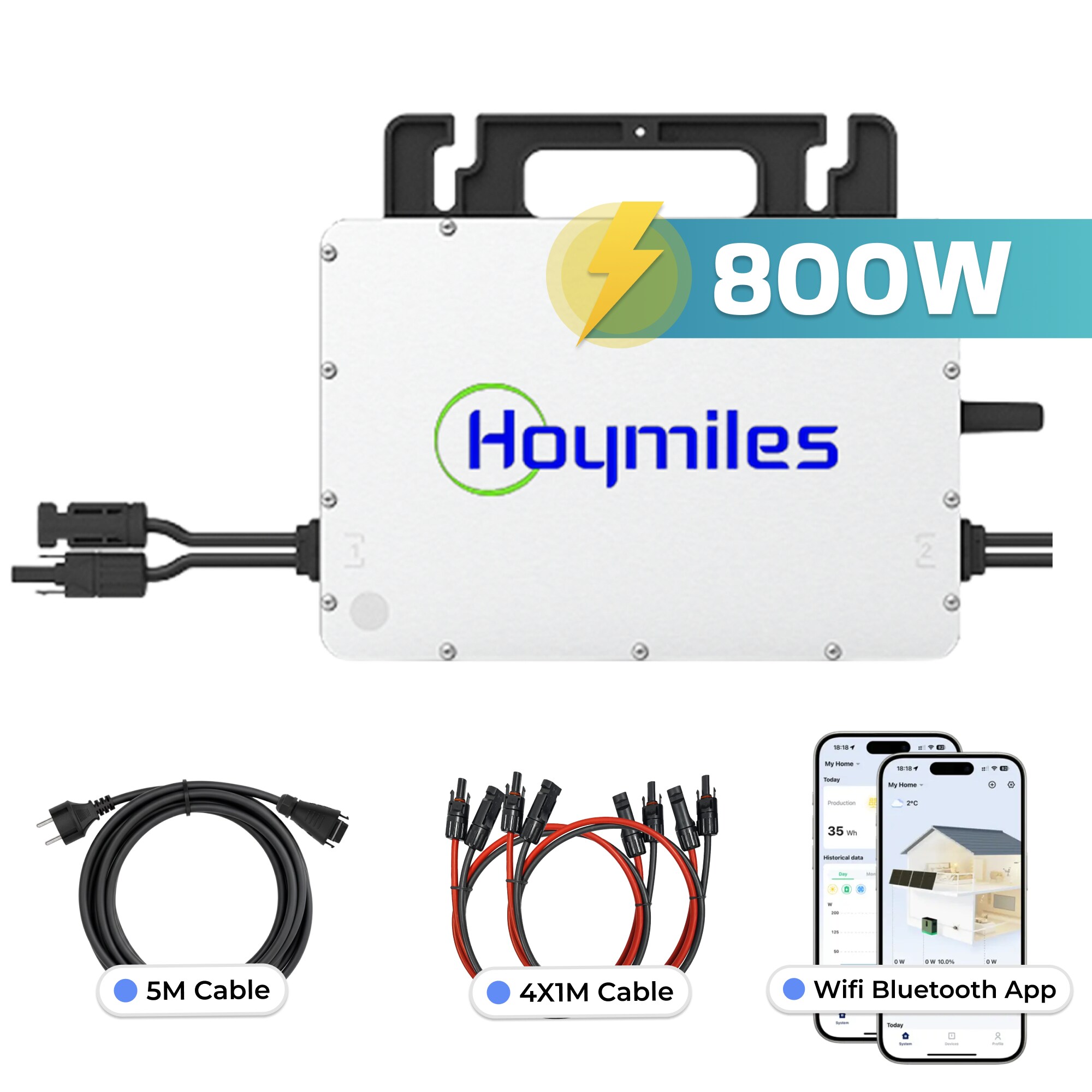 Hoymiles HMS-800W-2T 800W Micro-Wechselrichter inkl. 5m Anschlusskabel, 4x1m Solarkabel f&uuml;r Solarmodule, WiFi, Microinverter Inverter f&uuml;r Mini-PV Plug & Play Balkonkraftwerk, Mikrowechselrichter Solar 