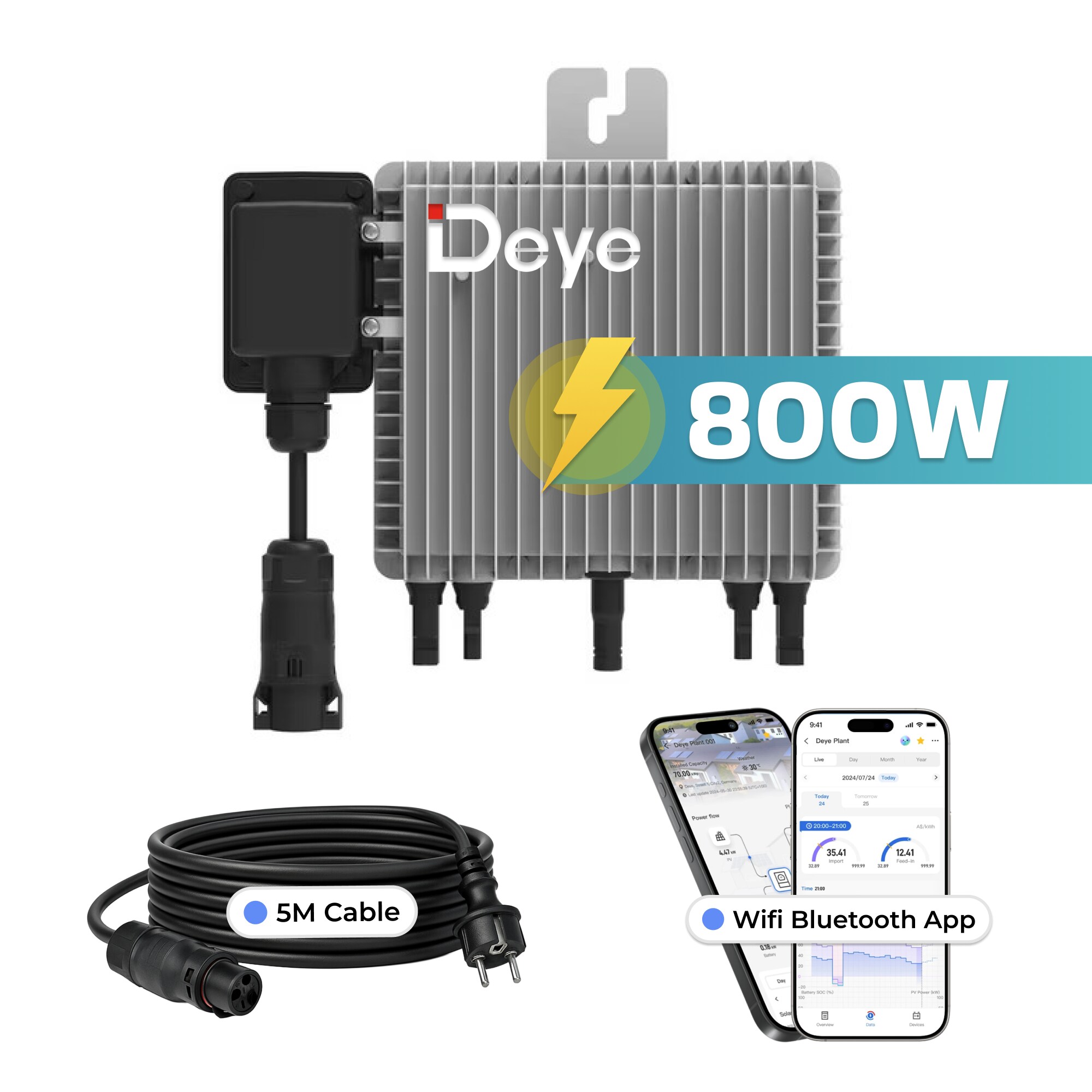 DEYE Mikro-Wechselrichter 800 W SUN-M80G4-EU-Q0 inkl. 5m Anschlusskabel f&uuml;r Balkonkraftwerk, IP67 wetterfest, Plug&Play Installation, 2 MPPT, WIFI, Micro Inverter 