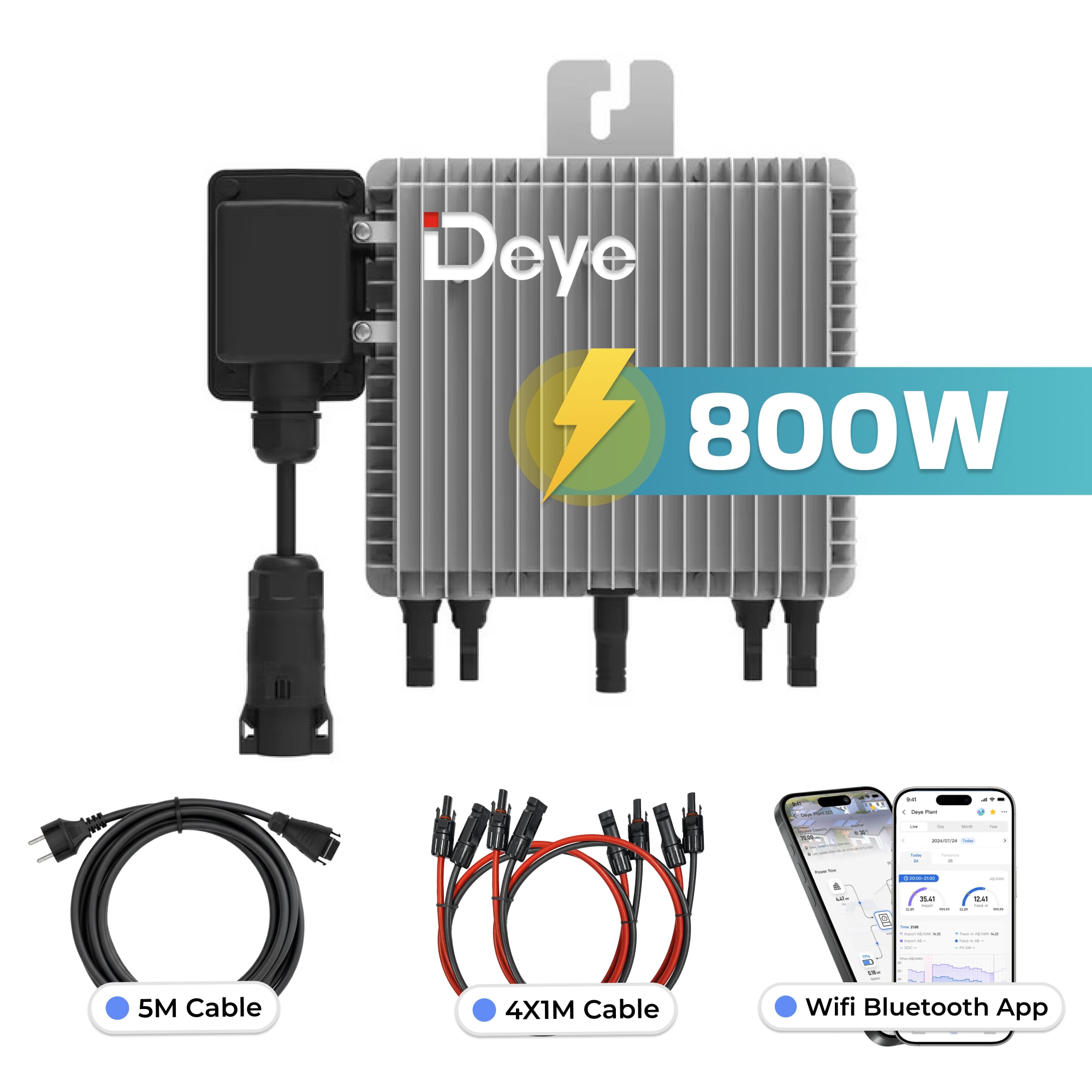 DEYE Mikro-Wechselrichter 800 W SUN-M80G4-EU-Q0 inkl. 5m Anschlusskabel und 4x1m Solarkabel f&uuml;r Balkonkraftwerk, IP67 wetterfest, Plug&Play Installation, 2 MPPT, WIFI, Micro Inverter 