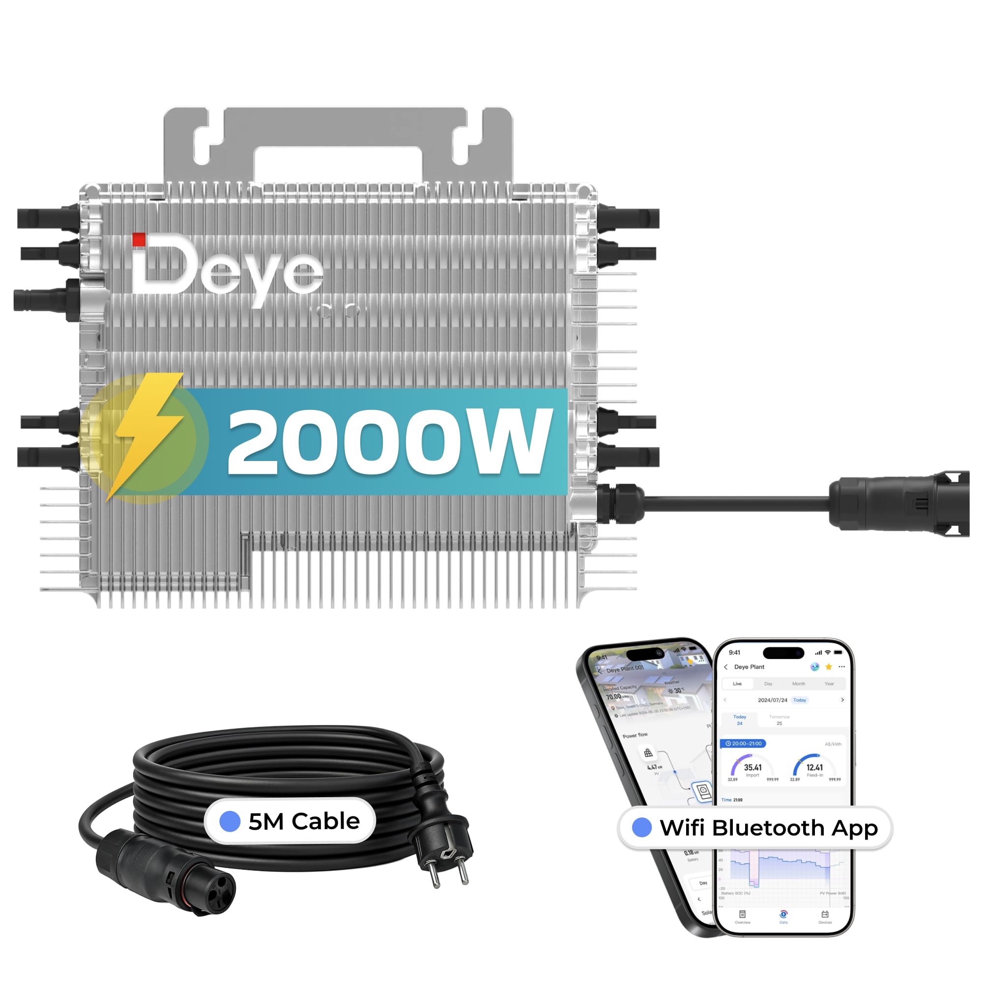 DEYE Mikro-Wechselrichter 2000 W SUN-M200G4-EU-Q0 inkl. 5m Anschlusskabel f&uuml;r Mini-PV Solaranlage Balkonkraftwerk, IP67 wetterfest, 4 MPPT, WIFI, Micro Inverter 