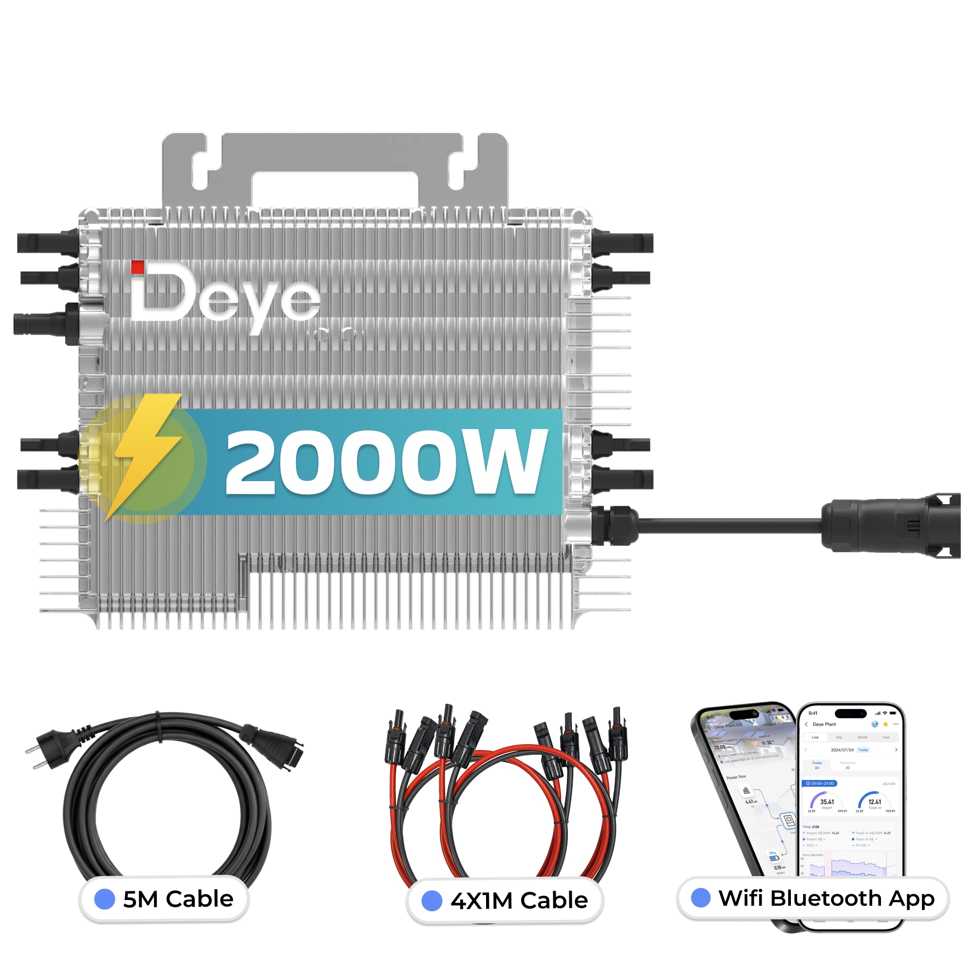 DEYE Mikro-Wechselrichter 2000 W SUN-M200G4-EU-Q0 inkl. 5m Anschlusskabel und 4x1m Solarkabel f&uuml;r Mini-PV Solaranlage Balkonkraftwerk, IP67 wetterfest, 4 MPPT, WIFI, Micro Inverter 