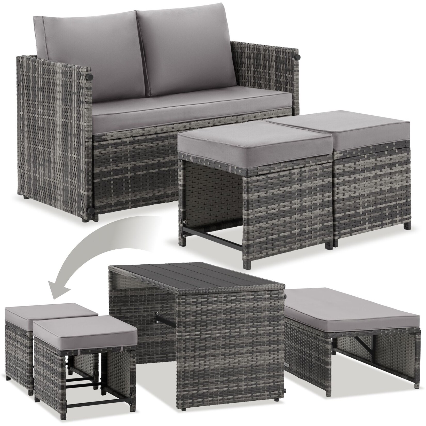 tectake® 2-in-1-Rattanlounge-Set, Nutzung als Sofa oder Sitzgruppe, wasserabweisende, abnehmbare Polyesterbezüge, höhenverstellbare Tischfüße