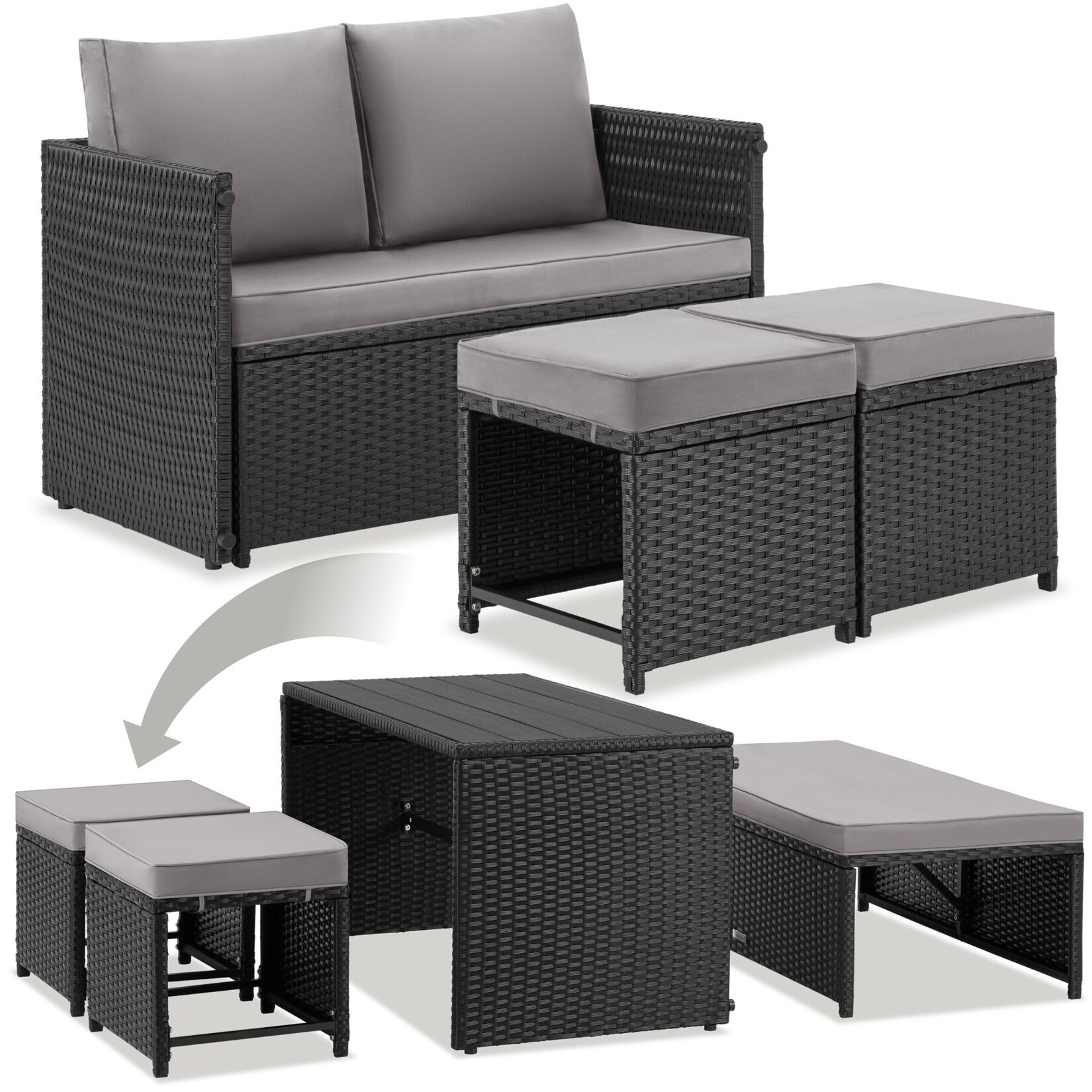 tectake® 2-in-1-Rattanlounge-Set, Nutzung als Sofa oder Sitzgruppe, wasserabweisende, abnehmbare Polyesterbezüge, höhenverstellbare Tischfüße