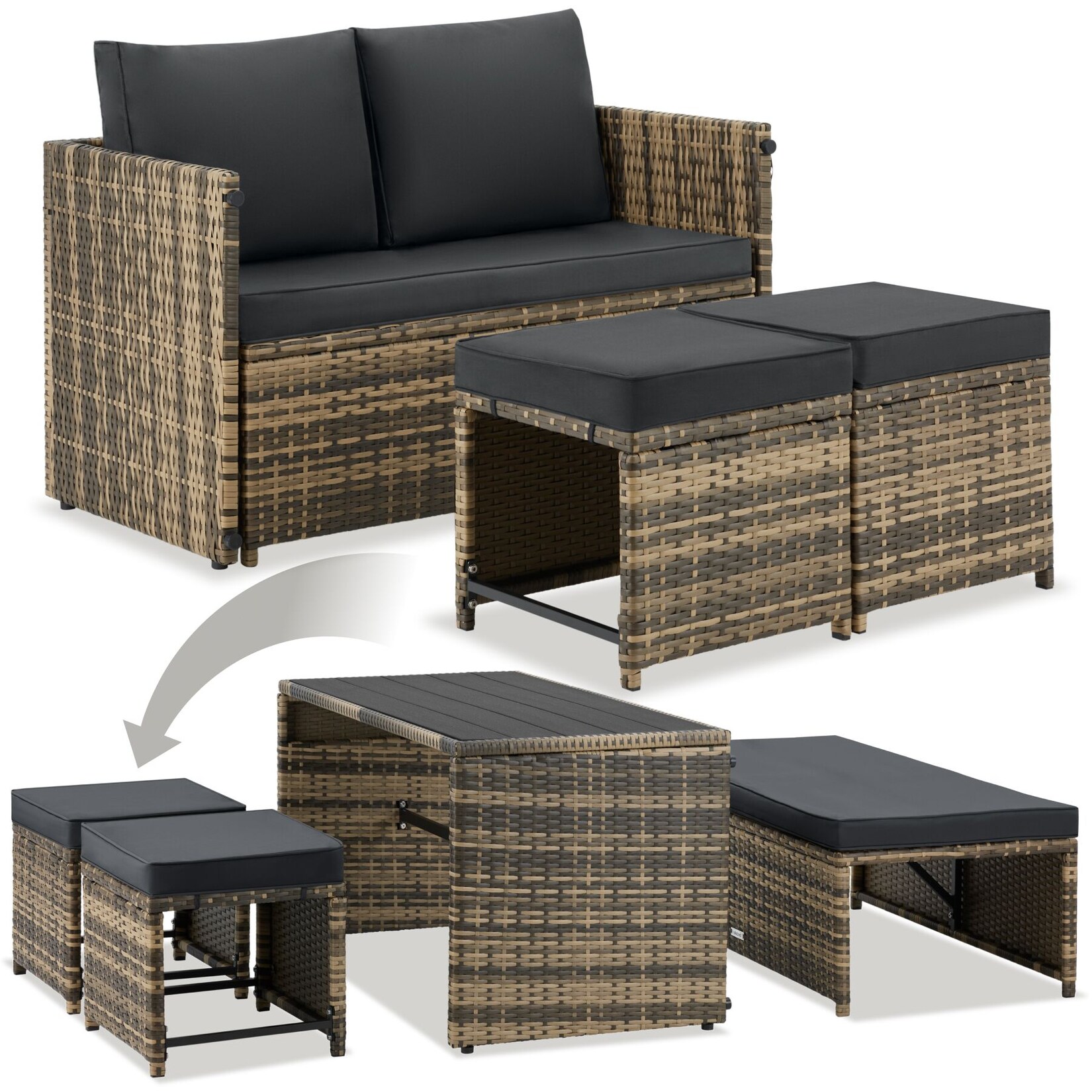 tectake® 2-in-1-Rattanlounge-Set, Nutzung als Sofa oder Sitzgruppe, wasserabweisende, abnehmbare Polyesterbezüge, höhenverstellbare Tischfüße