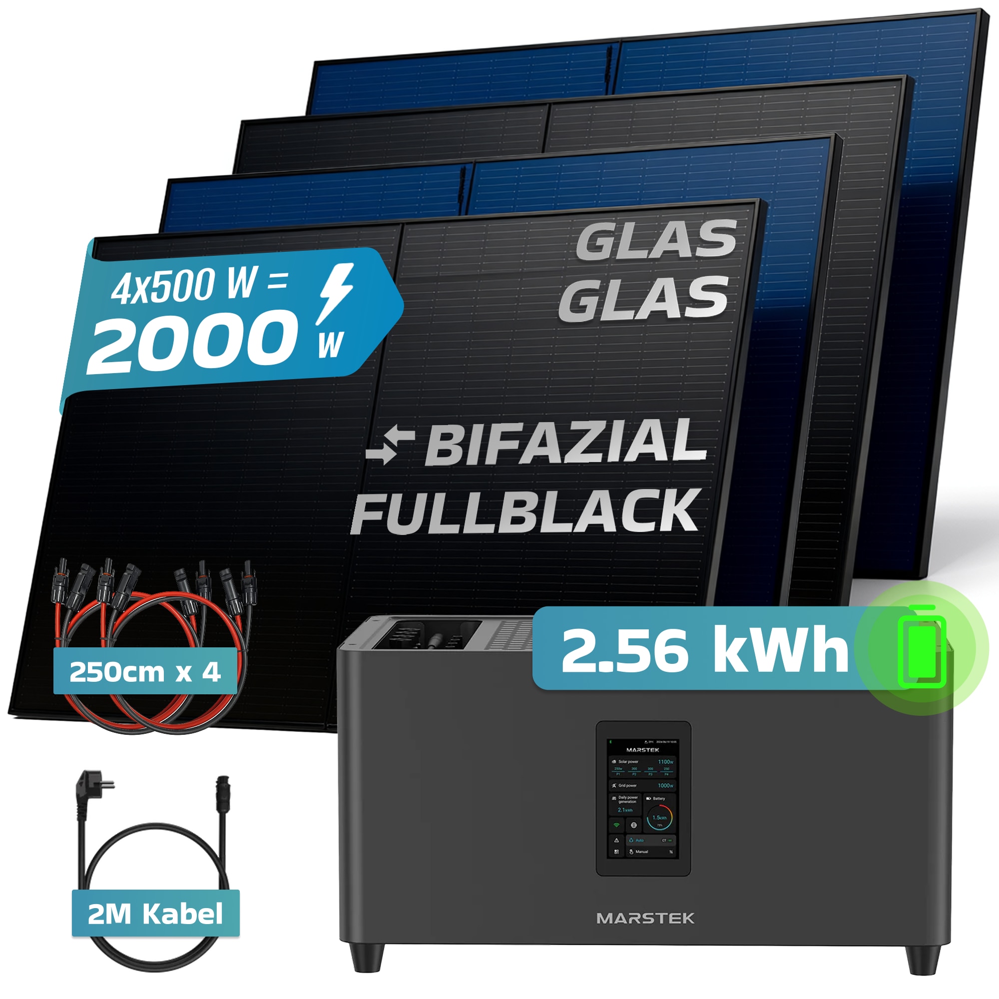 SUNNIVA&reg; 2000W Balkonkraftwerk mit 2,56 kWh Speicher MARSTEK Jupiter C + Plus, BIFAZIAL FULLBLACK komplett Steckdose, PV Solaranlage Komplettset mit Solarspeicher, 4x 500W N-Type Glas-Glas Bifacial 