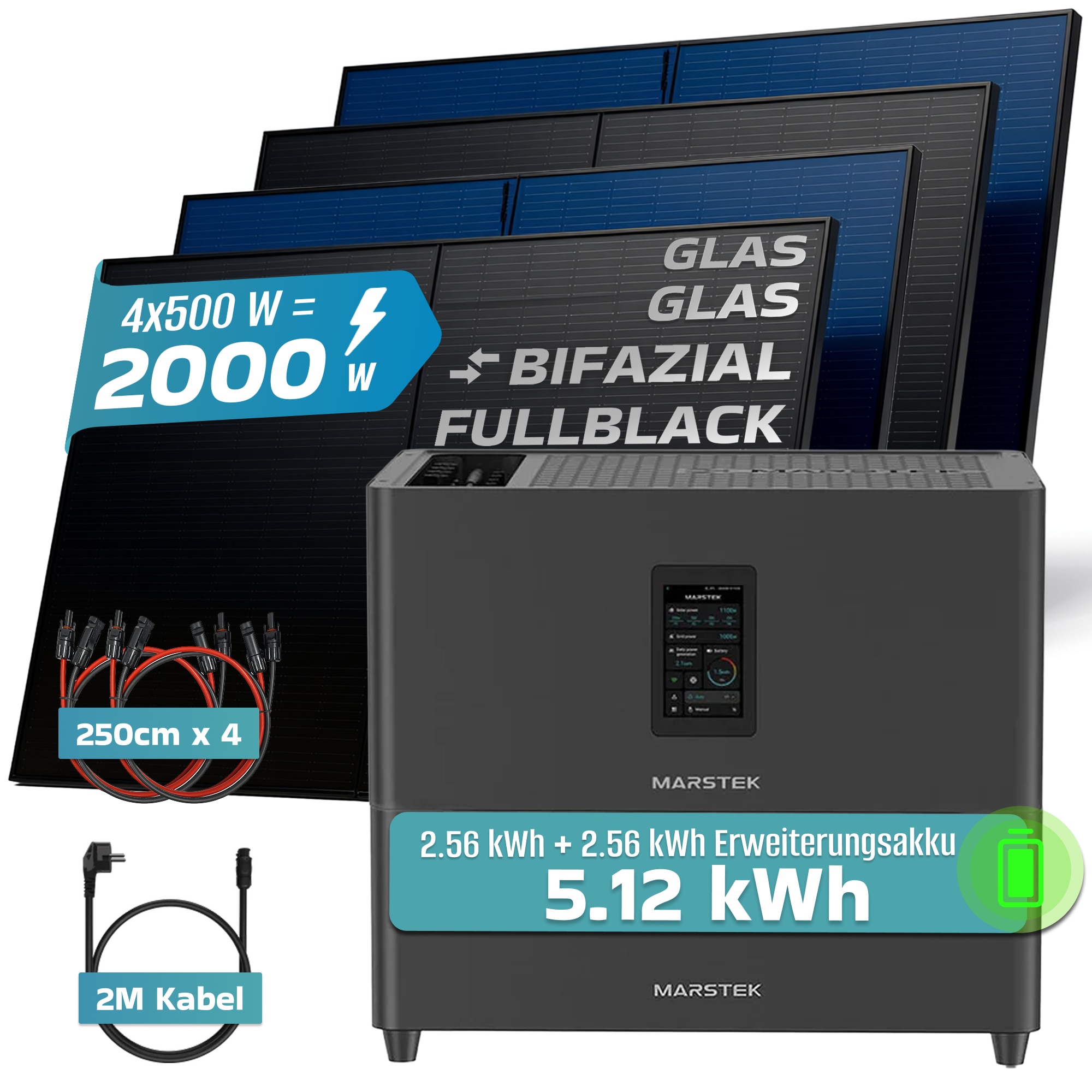 SUNNIVA&reg; 2000W Balkonkraftwerk mit 5,12 kWh Speicher MARSTEK Jupiter C + Plus, BIFAZIAL FULLBLACK komplett Steckdose, PV Solaranlage Komplettset mit Solarspeicher, 4x 500W N-Type Glas-Glas Bifacial PV 
