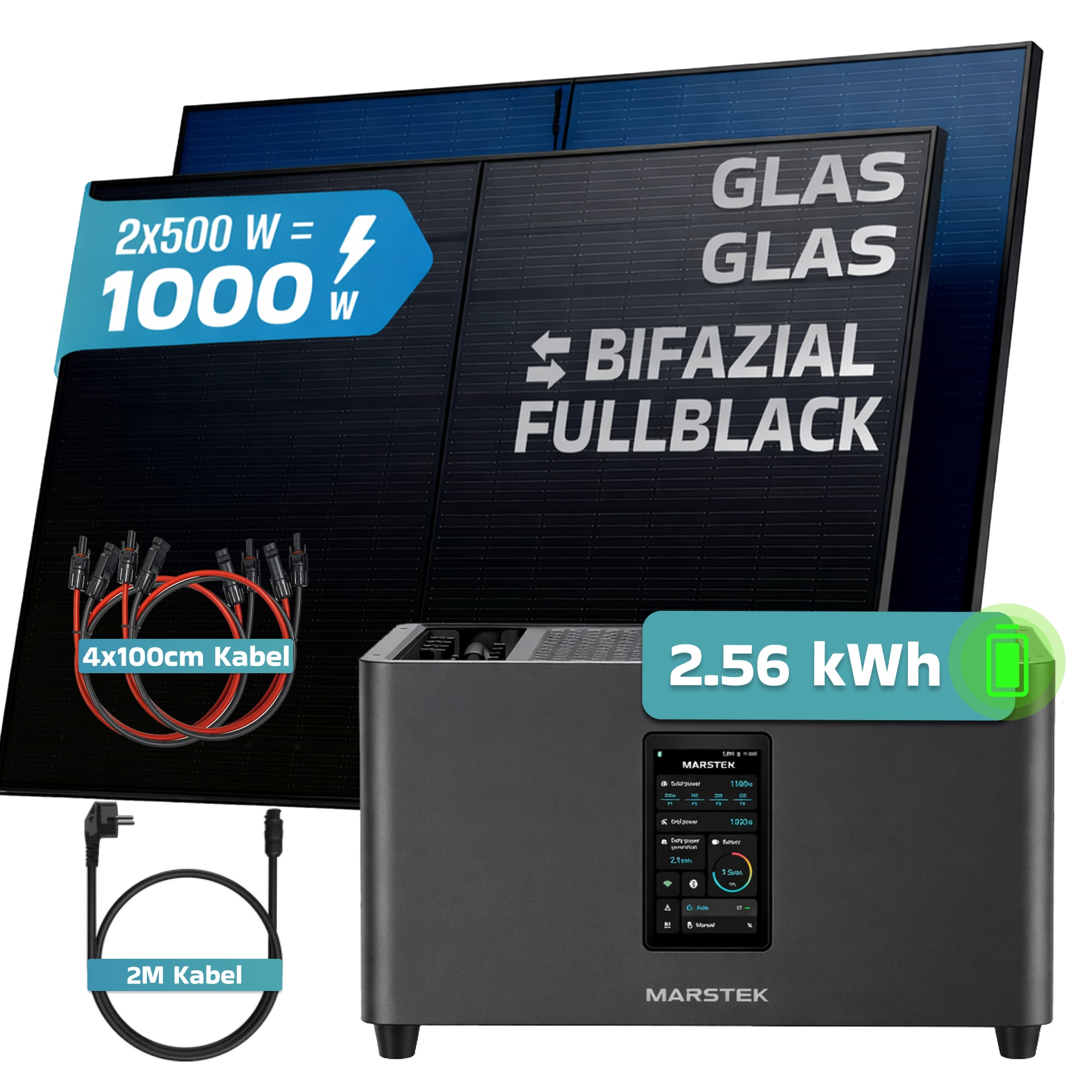 SUNNIVA&reg; 1000W Balkonkraftwerk mit 2,56 kWh Speicher MARSTEK Jupiter C + Plus, BIFAZIAL FULLBLACK komplett Steckdose, PV Solaranlage Komplettset mit Solarspeicher, 2x 500W N-Type Glas-Glas Bifacial PV 
