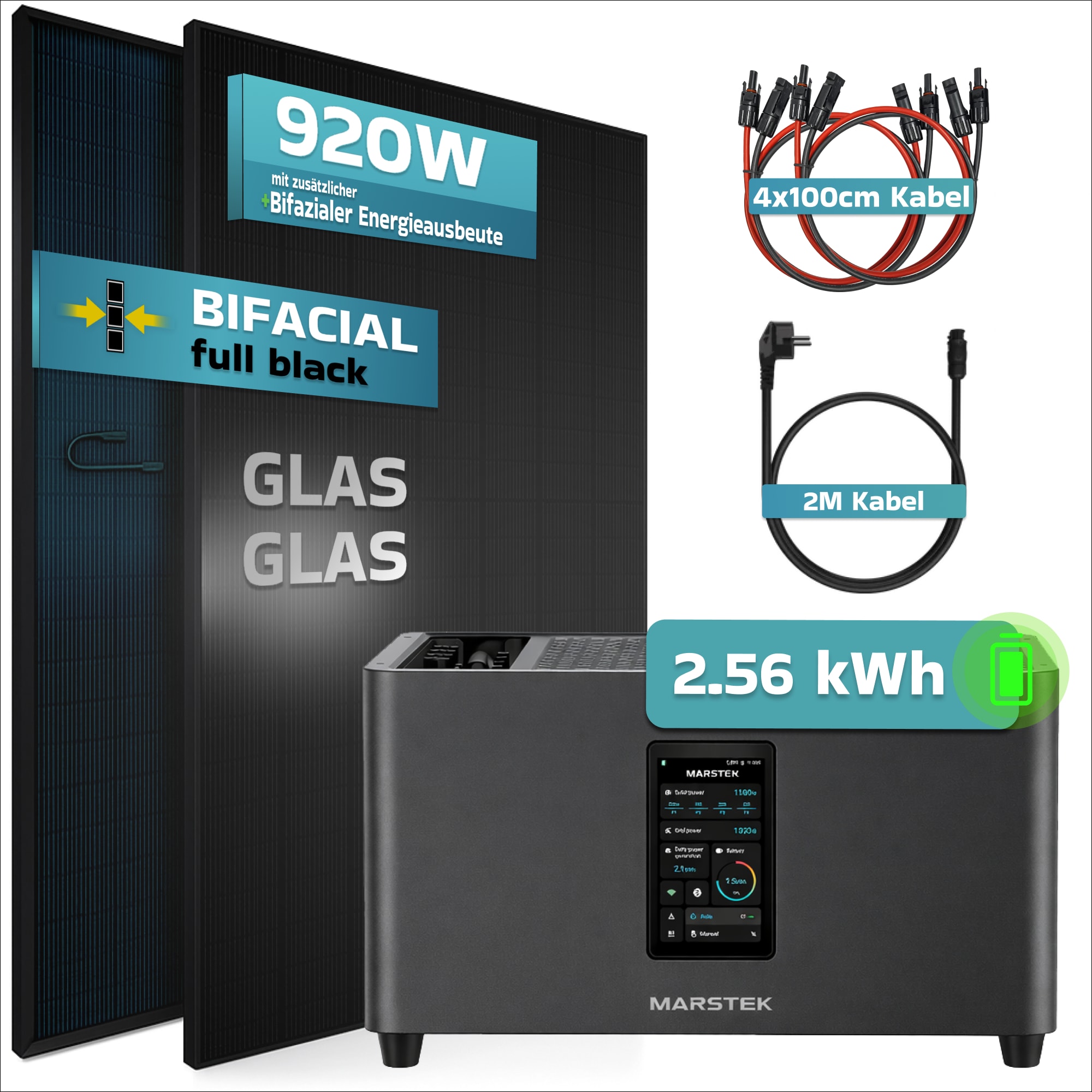 SUNNIVA&reg; 920W Balkonkraftwerk mit 2,56 kWh Speicher MARSTEK Jupiter + C, BIFAZIAL FULLBLACK komplett Steckdose, PV Solaranlage Komplettset mit Solarspeicher, 2x 460W N-Type Glas-Glas Bifacial Module 