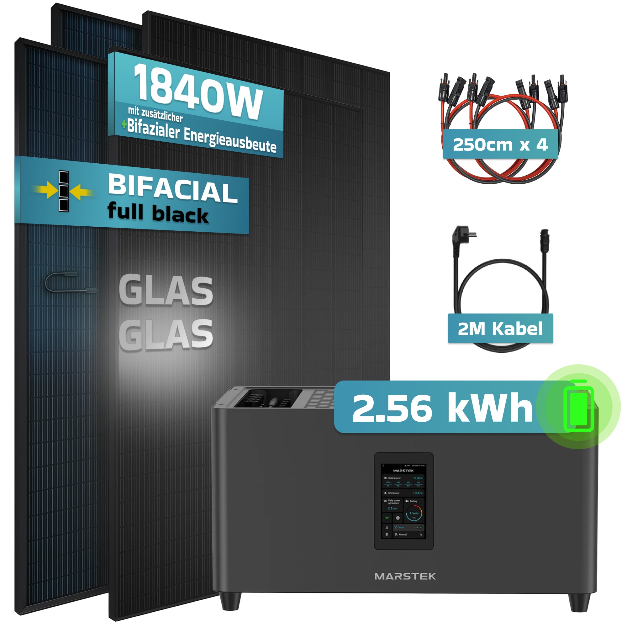 SUNNIVA&reg; 1840W Balkonkraftwerk mit 2,56 kWh Speicher MARSTEK Jupiter C + Plus, BIFAZIAL FULLBLACK komplett Steckdose, PV Solaranlage Komplettset mit Solarspeicher, 4x 460W N-Type Glas-Glas Bifacial 