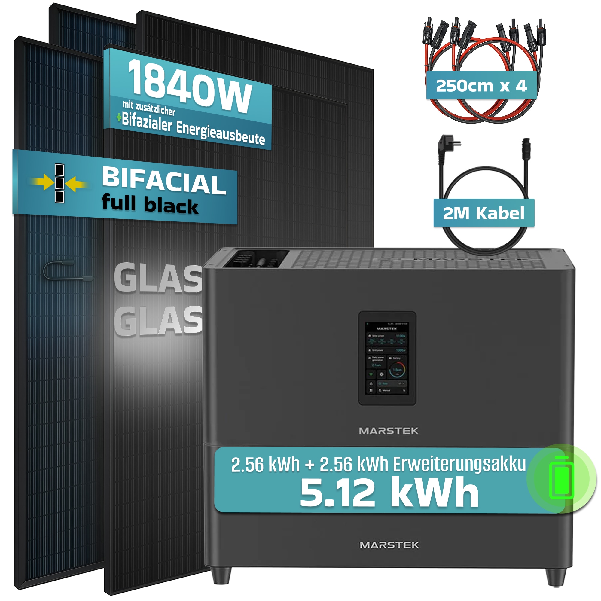 SUNNIVA&reg; 1840W Balkonkraftwerk mit 5,12 kWh Speicher MARSTEK Jupiter C + Plus, BIFAZIAL FULLBLACK komplett Steckdose, PV Solaranlage Komplettset mit Solarspeicher, 4x 460W N-Type Glas-Glas Bifacial PV 