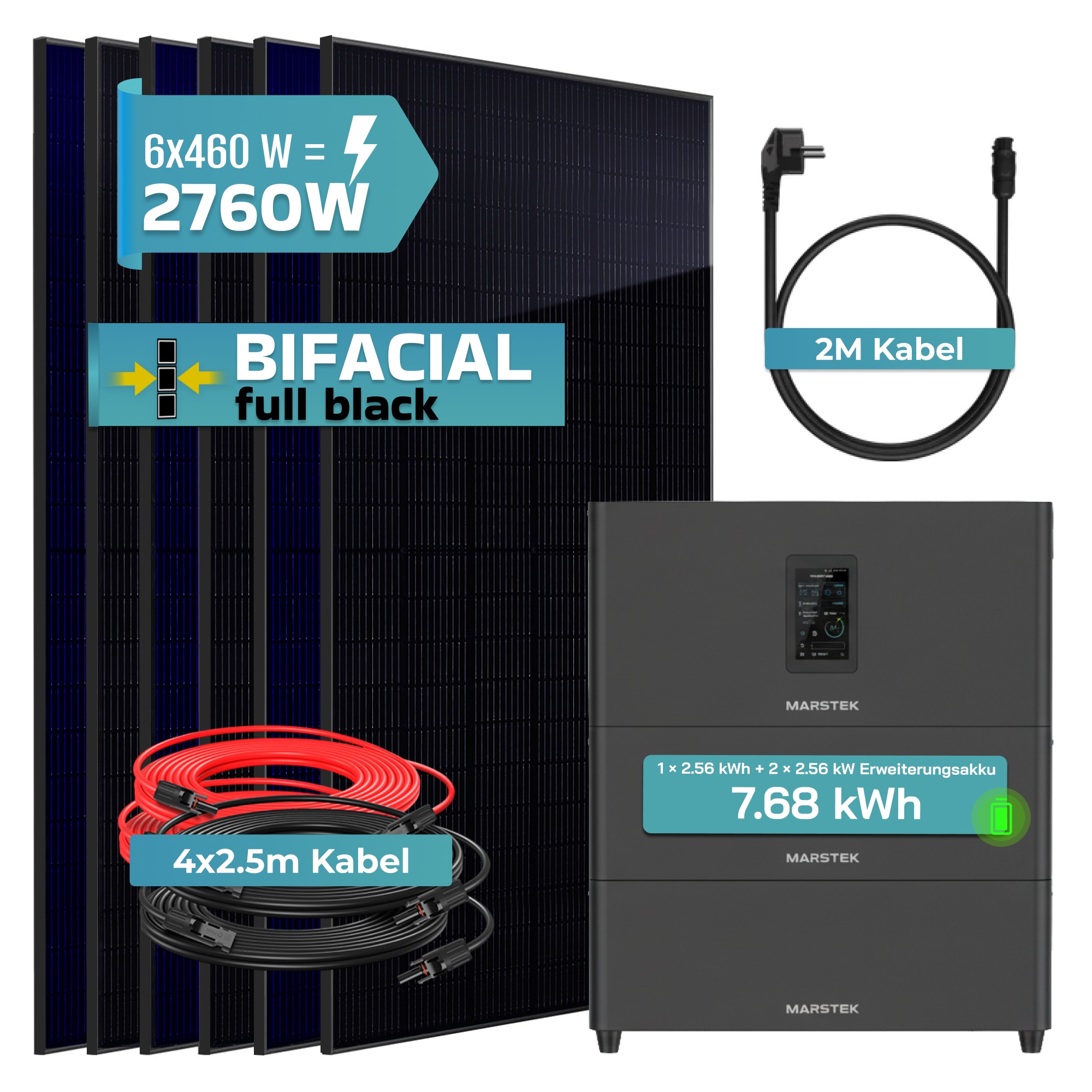 SUNNIVA&reg; 2760W Balkonkraftwerk mit 7,68 kWh Speicher MARSTEK Jupiter C + Plus, BIFAZIAL FULLBLACK komplett Steckdose, PV Solaranlage Komplettset mit Solarspeicher, 6x 460W N-Type Glas-Glas Bifacial PV 