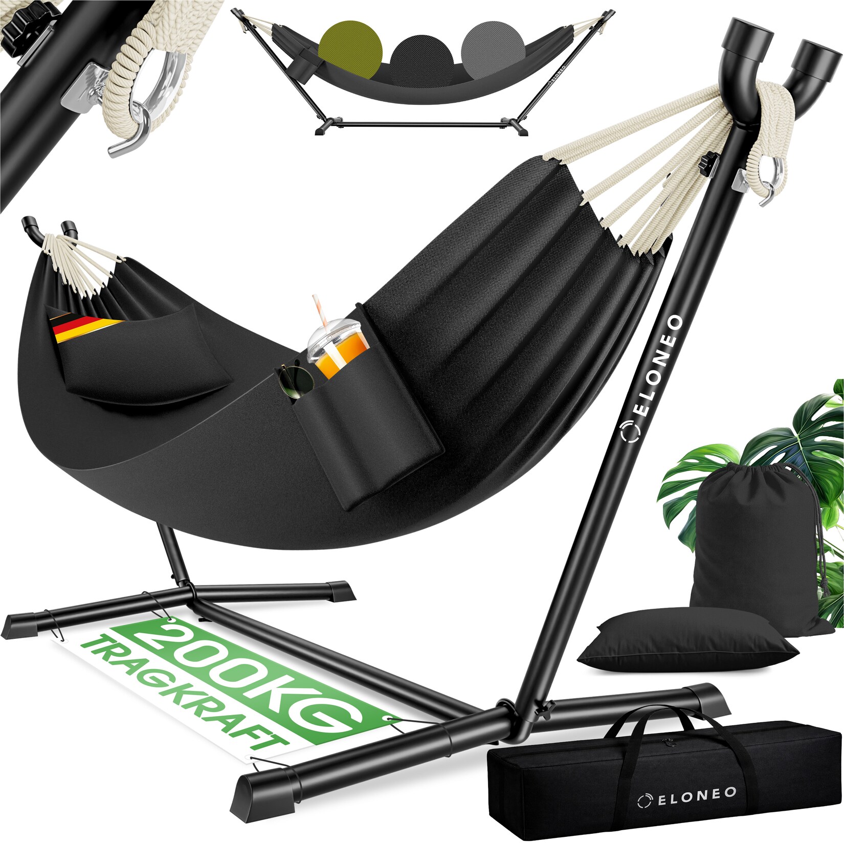 ELONEO Hängematte mit Gestell für 2 Personen,  Belastbarkeit, höhenverstellbares Hängemattengestell Outdoor und Indoor Hammock inklusive Kissen, Tragetasche und Beutel, Anthrazit