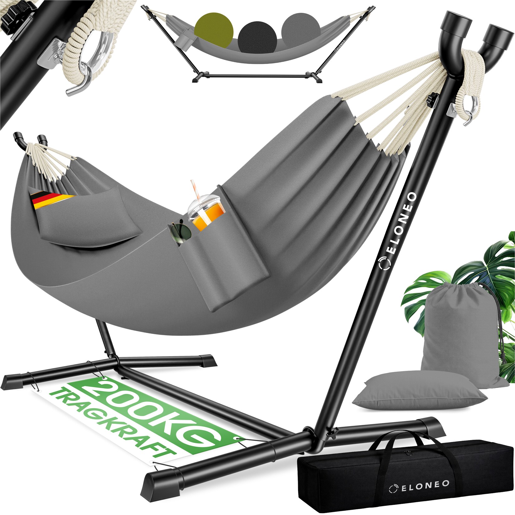 ELONEO Hängematte mit Gestell für 2 Personen,  Belastbarkeit, höhenverstellbares Hängemattengestell Outdoor und Indoor Hammock inklusive Kissen, Tragetasche und Beutel, Grau