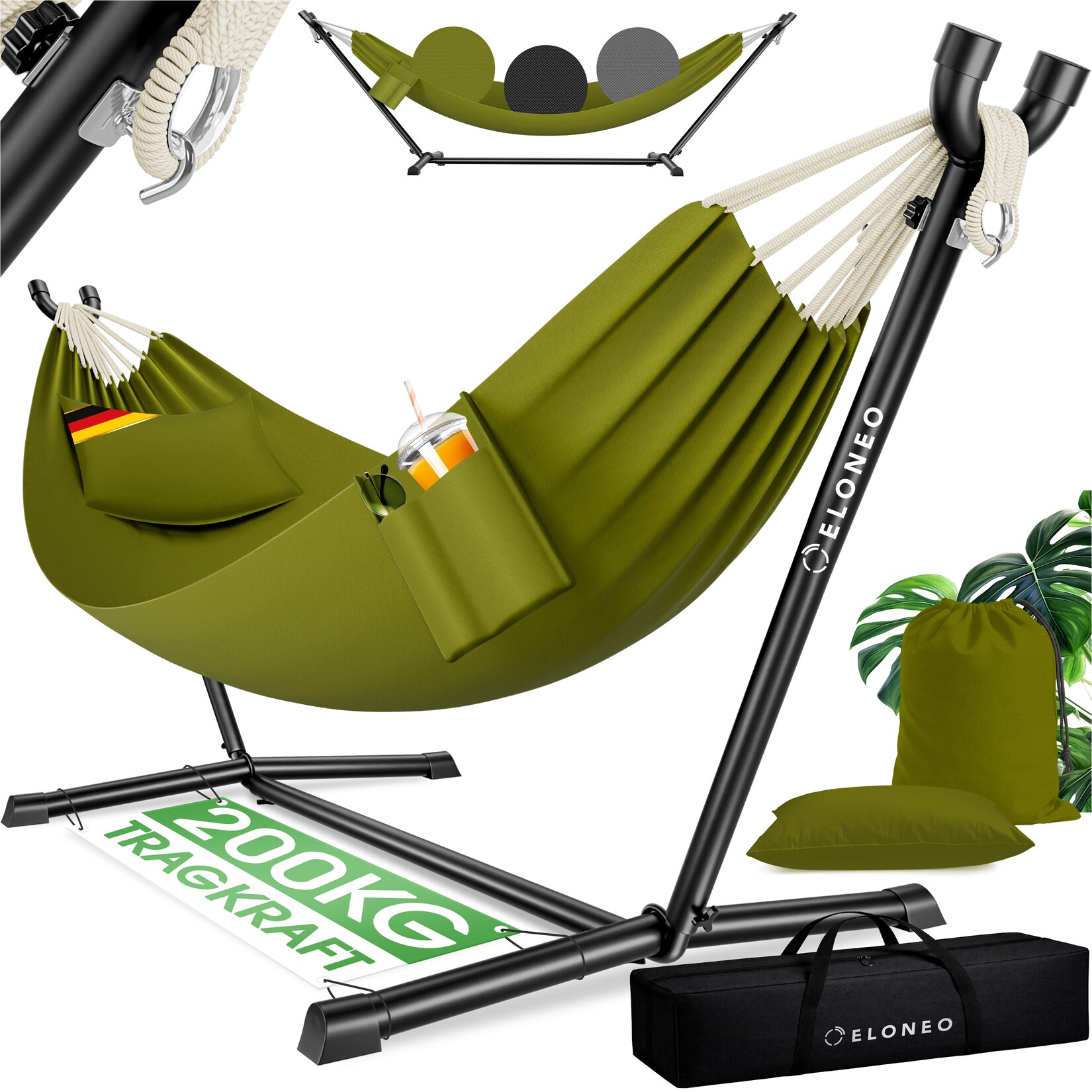 ELONEO Hängematte mit Gestell für 2 Personen,  Belastbarkeit, höhenverstellbares Hängemattengestell Outdoor und Indoor Hammock inklusive Kissen, Tragetasche und Beutel - Grün