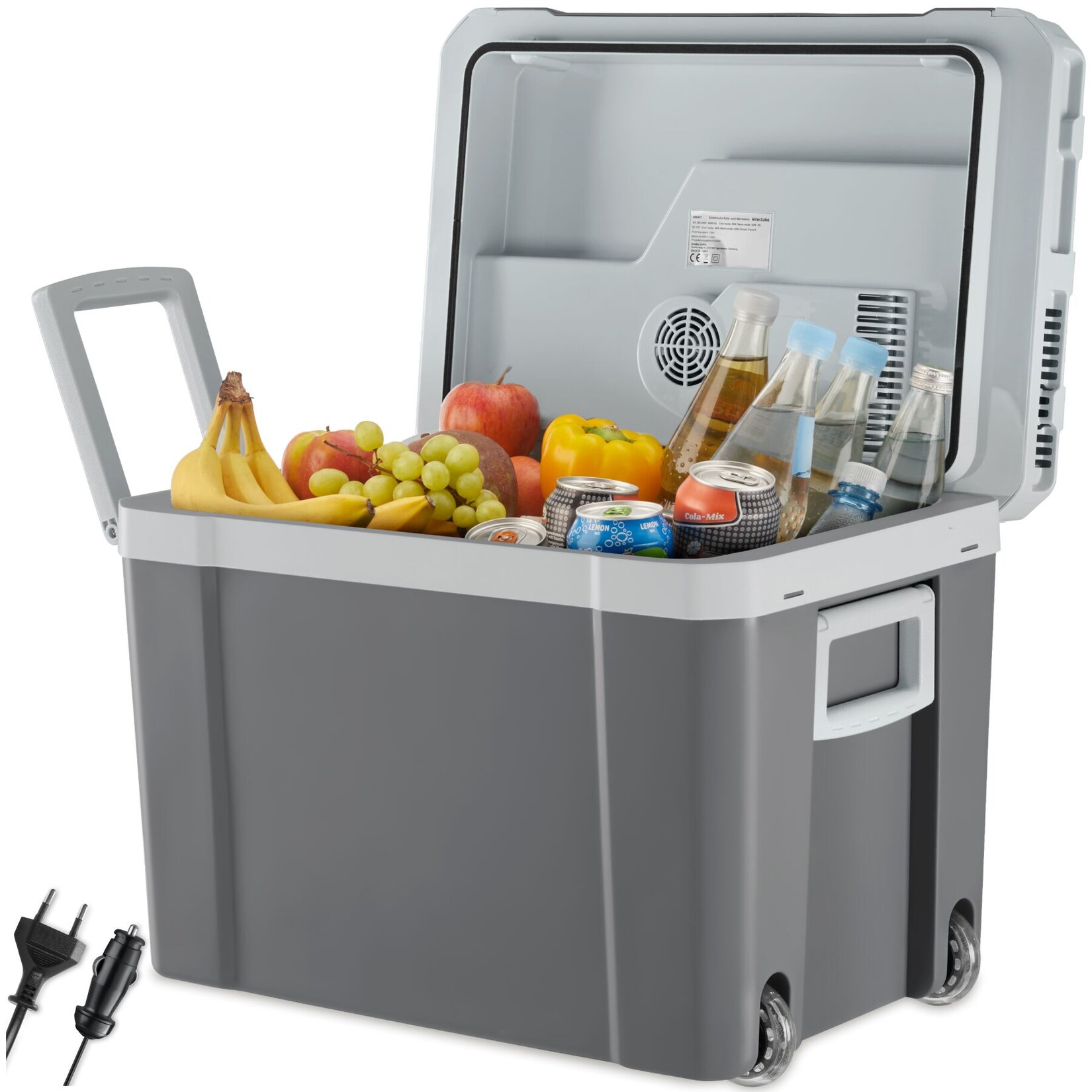 tectake® Elektrische Kühl- und Wärmebox,  Fassungsvermögen, robustes Kunststoffgehäuse, mit Rollen, Steckdosen- und Autoanschluss