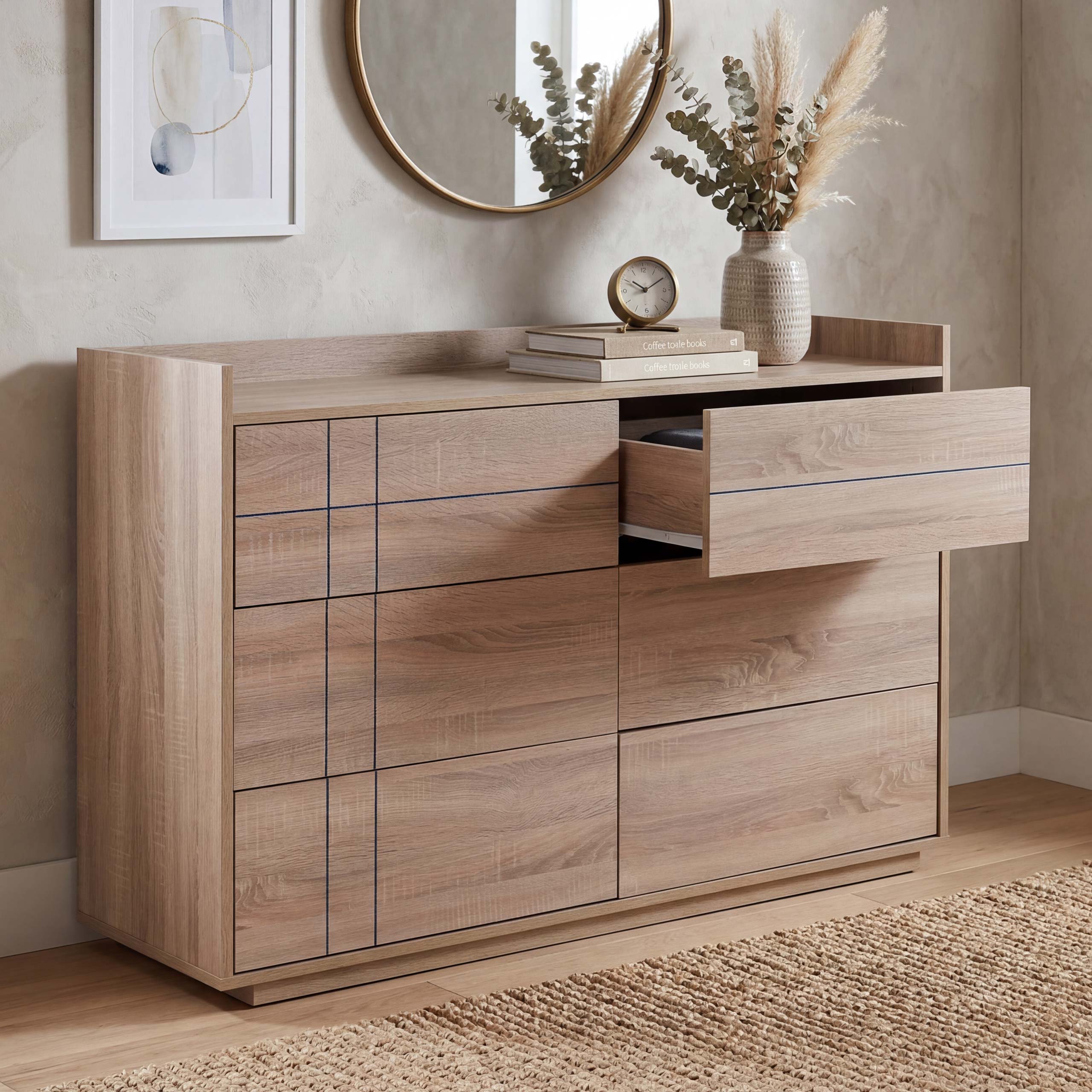 Kommode MCW-P44, Sideboard Schrank Anrichte, 6 Schubladen Push-to-open, MDF 83x120x40cm ~ Sonoma-Eiche-Optik 
