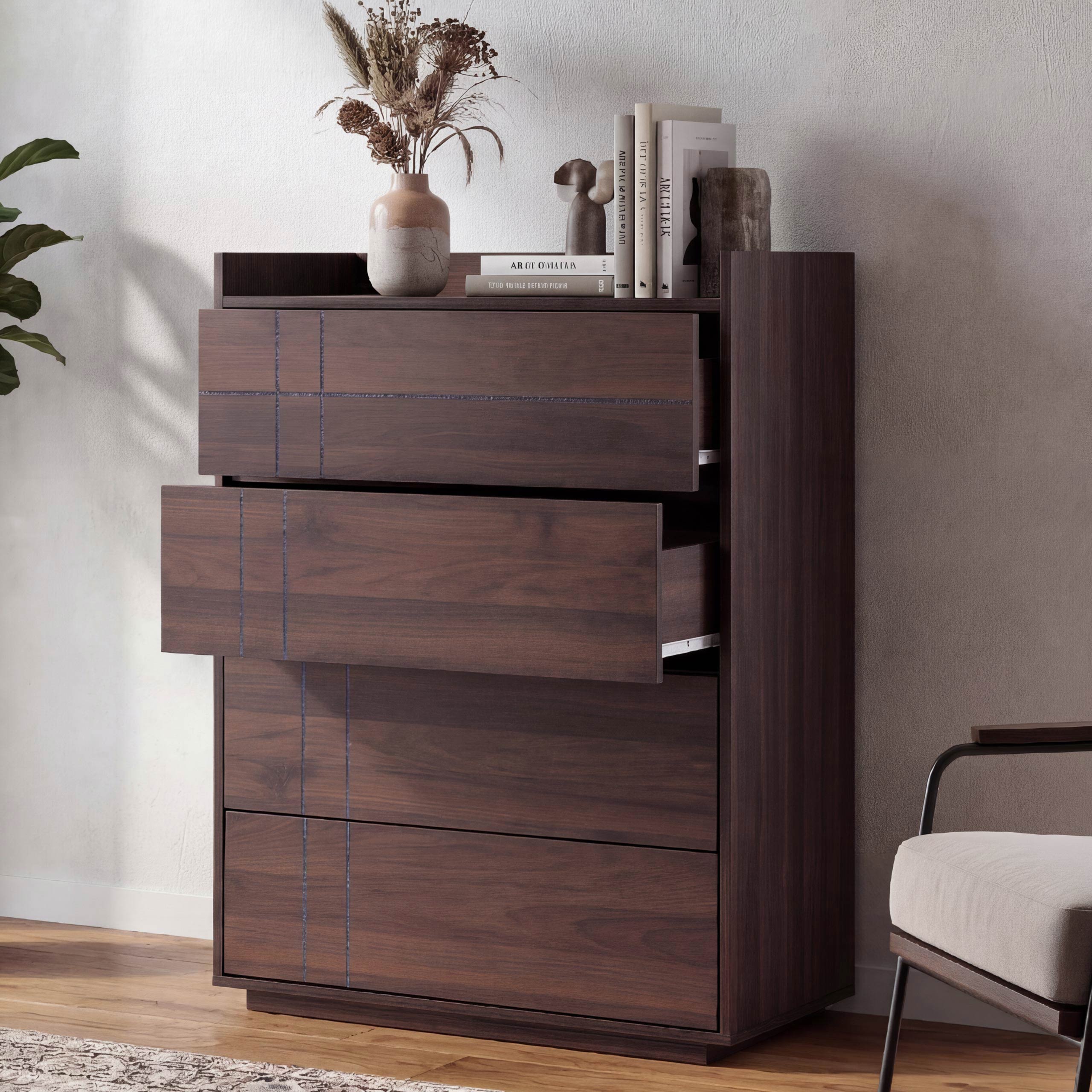 Kommode MCW-P44, Sideboard Schrank Anrichte, 4 Schubladen Push-to-open, MDF 107x80x40cm ~ Walnuss-Optik 