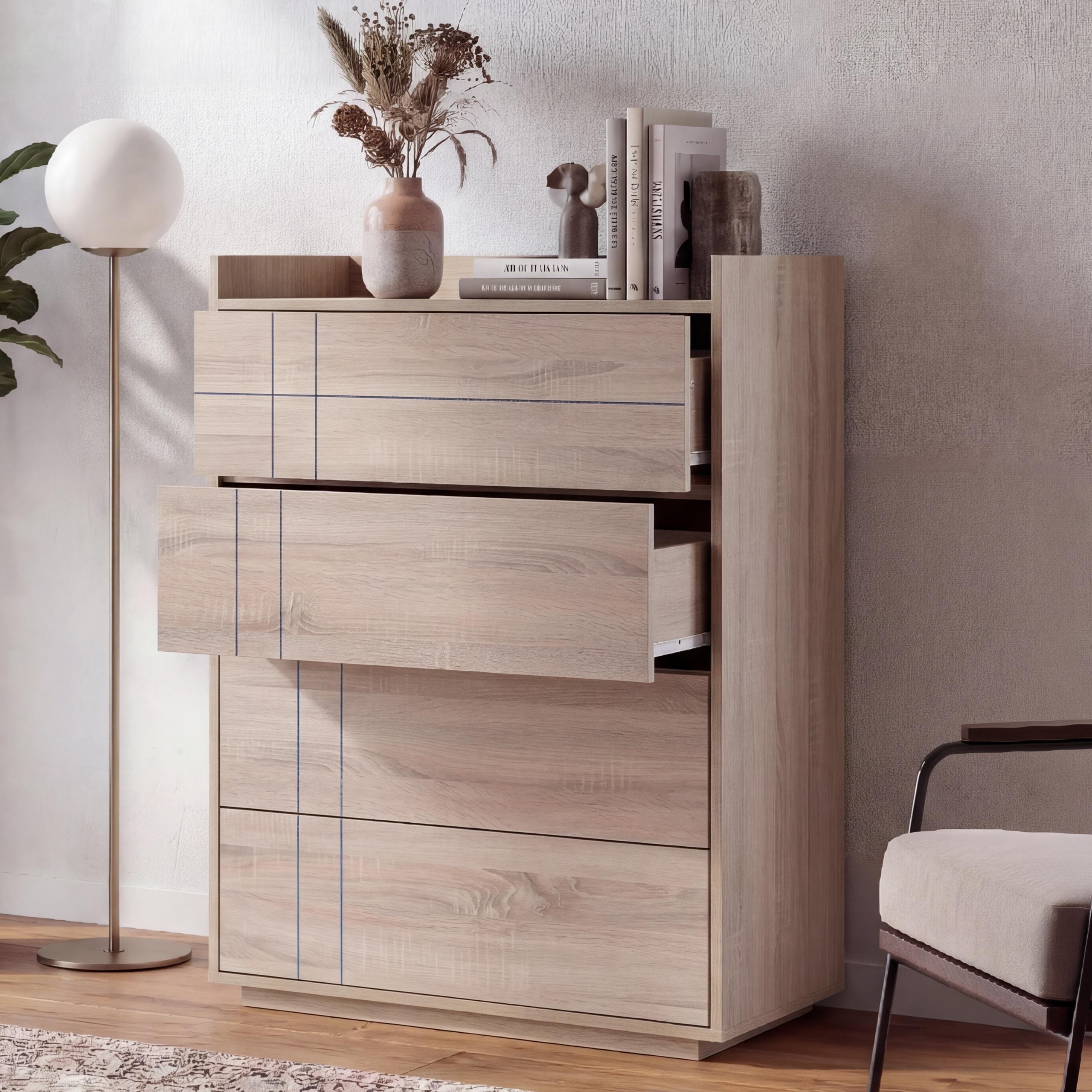 Kommode MCW-P44, Sideboard Schrank Anrichte, 4 Schubladen Push-to-open, MDF 107x80x40cm ~ Sonoma-Eiche-Optik 