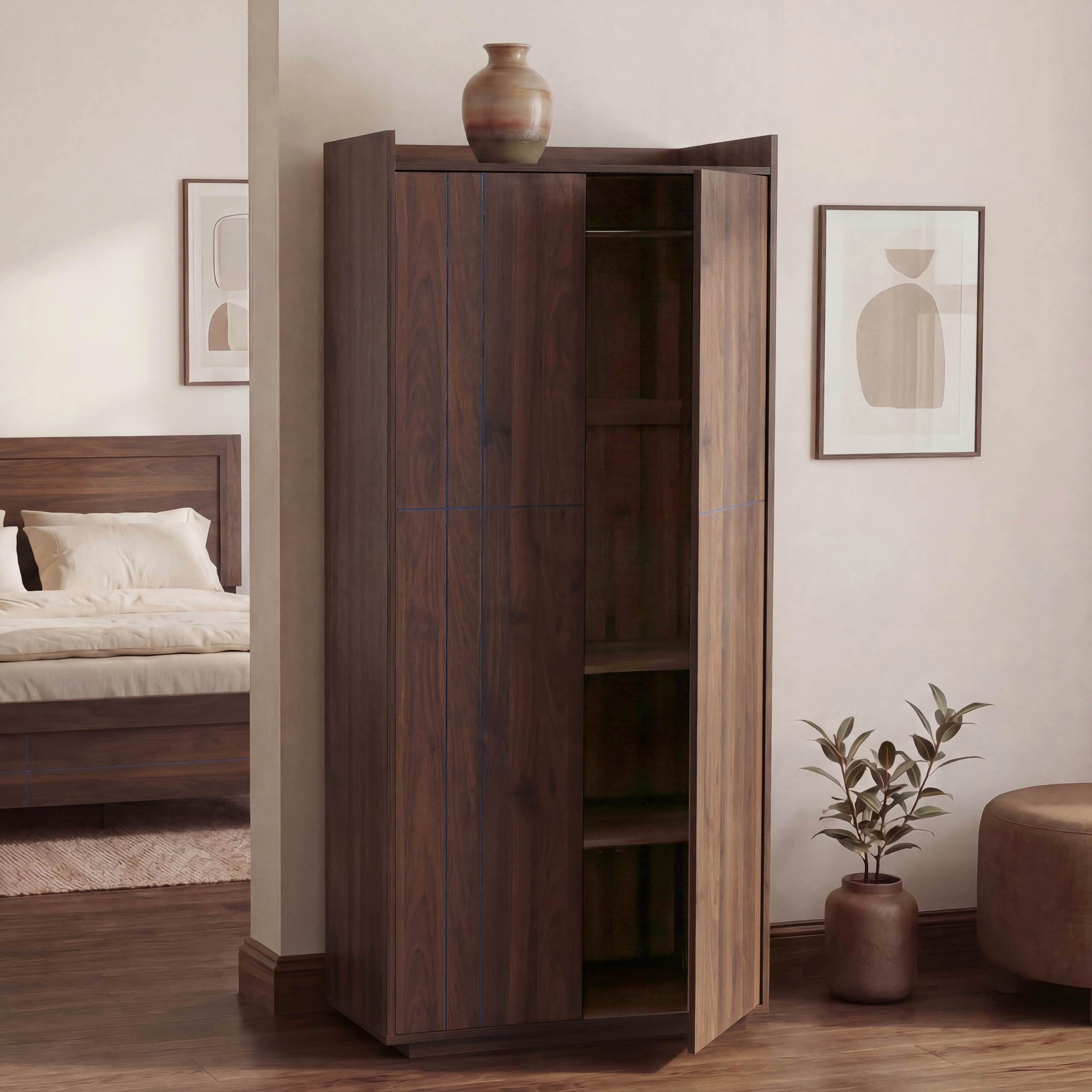 Schrank MCW-P44, Kleiderschrank Garderobenschrank 2 T&uuml;ren Push-to-open, MDF 184x80x40cm ~ Walnuss-Optik 