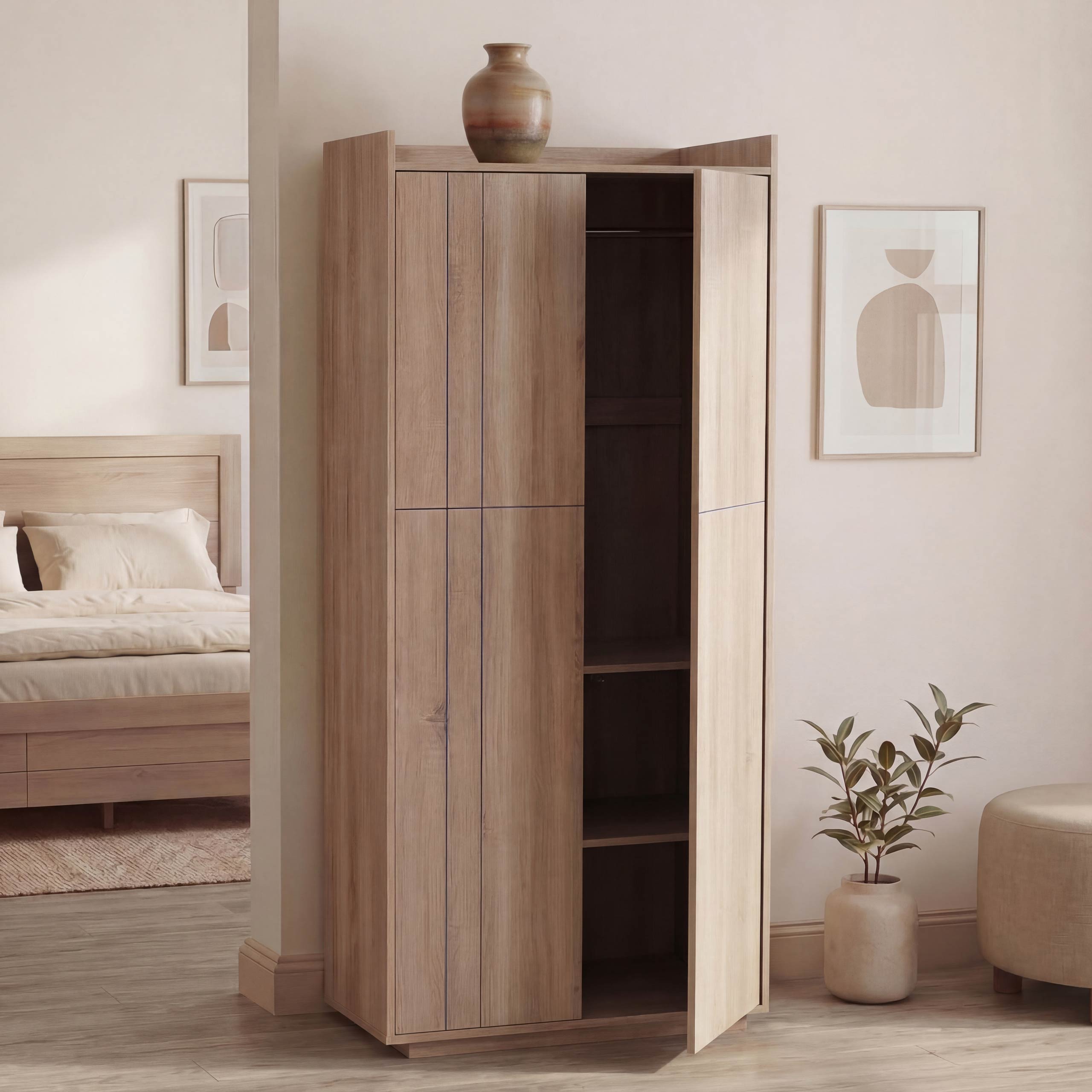 Schrank MCW-P44, Kleiderschrank Garderobenschrank 2 T&uuml;ren Push-to-open, MDF 184x80x40cm ~ Sonoma-Eiche-Optik 