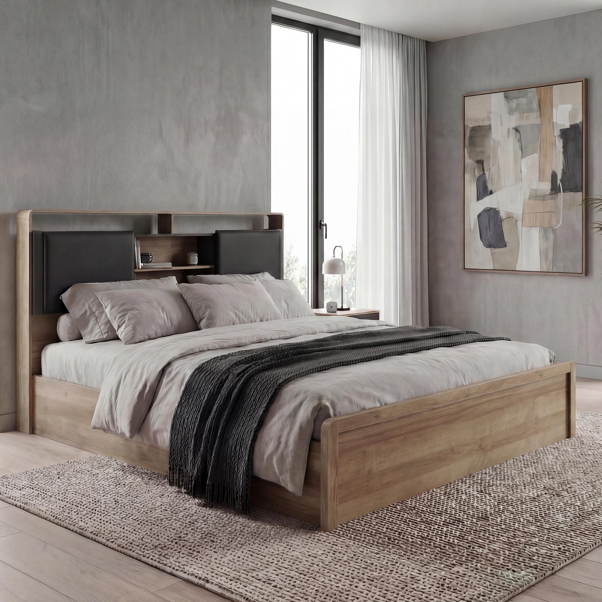 King Size Bett MCW-P43, Doppelbett Bettgestell mit Lattenrost, MDF 180x200cm ~ Rivera-Eiche-Optik, dunkelgrau 