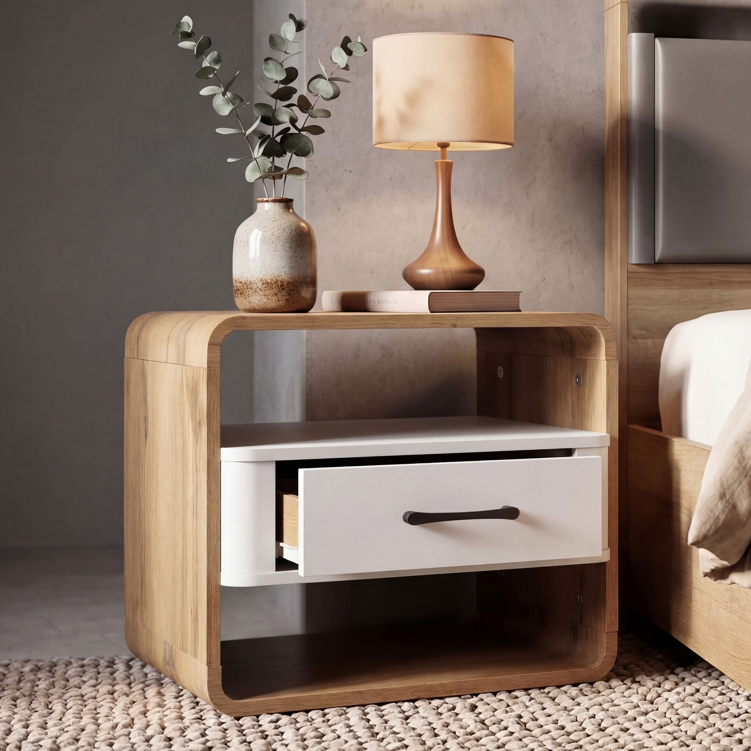 Nachttisch MCW-P43, Nachtkasten Nachtschrank Nachtkommode, Schublade MDF&nbsp;40x48x44cm ~ Wotan-Eiche-Optik, wei&szlig; 