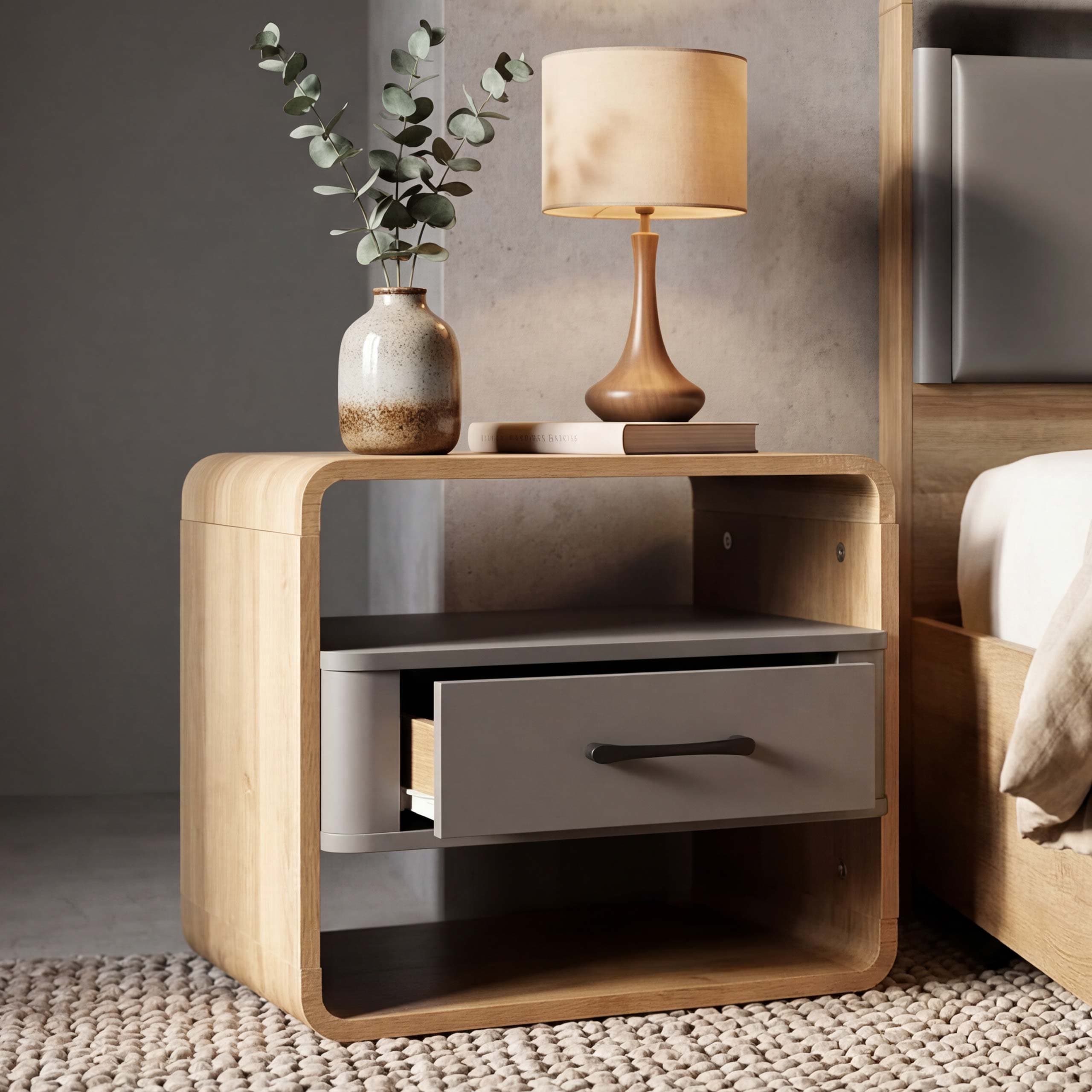 Nachttisch MCW-P43, Nachtkasten Nachtschrank Nachtkommode, Schublade MDF&nbsp;40x48x44cm ~ Rivera-Eiche-Optik, dunkelgrau 