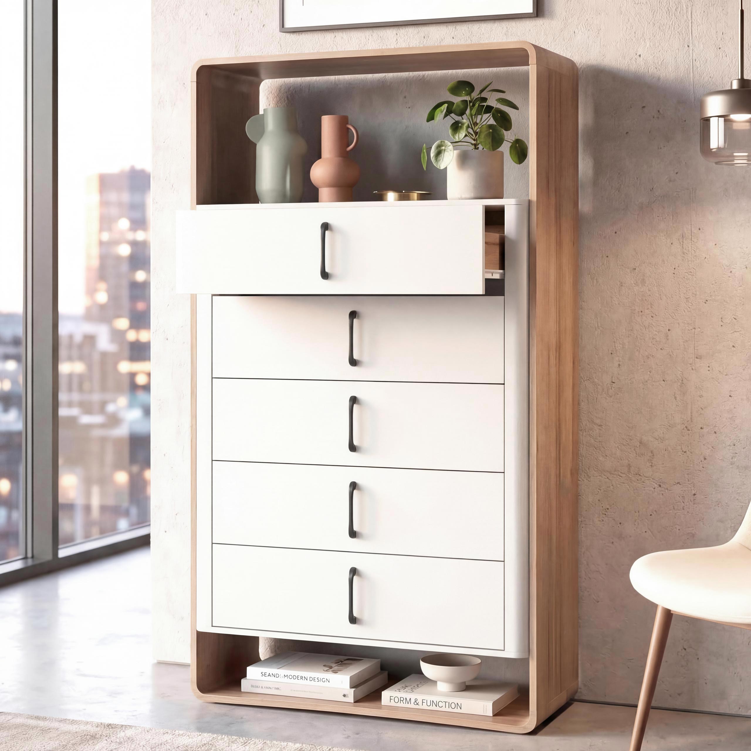 Highboard MCW-P43, Hochschrank Sideboard Kommode, 5 Schubladen MDF 155x80x41cm ~ Wotan-Eiche-Optik, wei&szlig; 